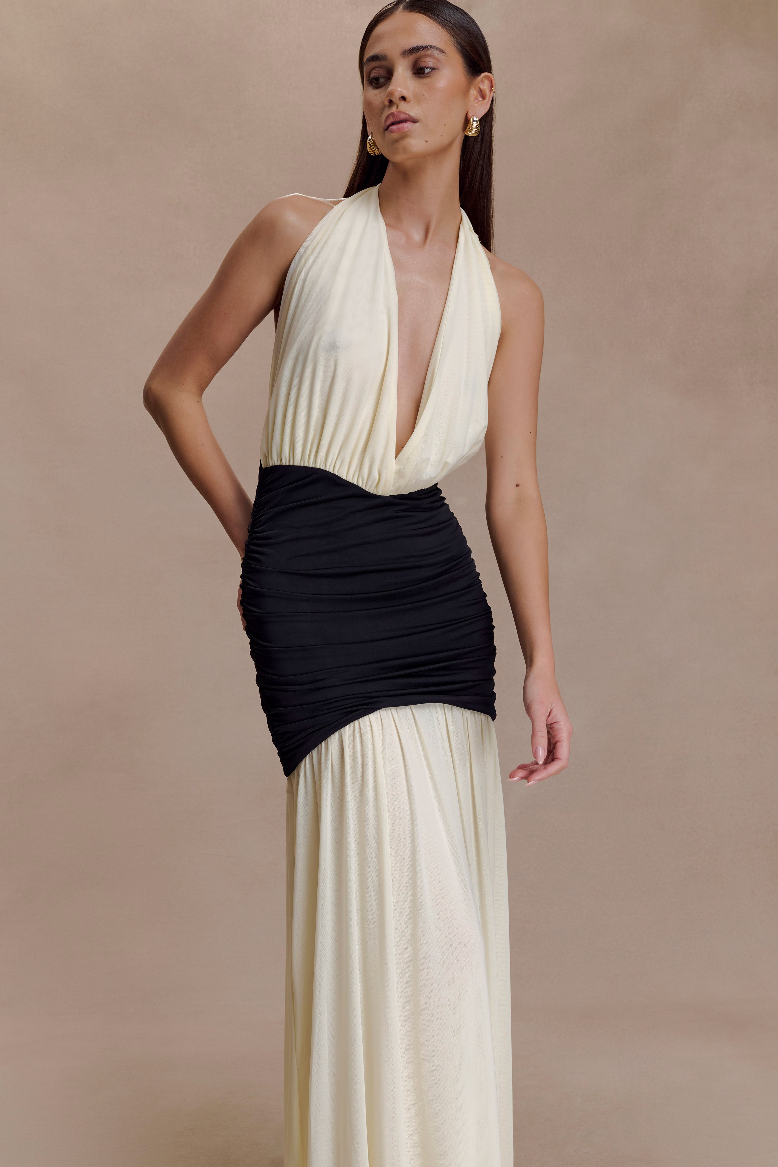 Hailee Slinky And Mesh Halter Maxi Dress
