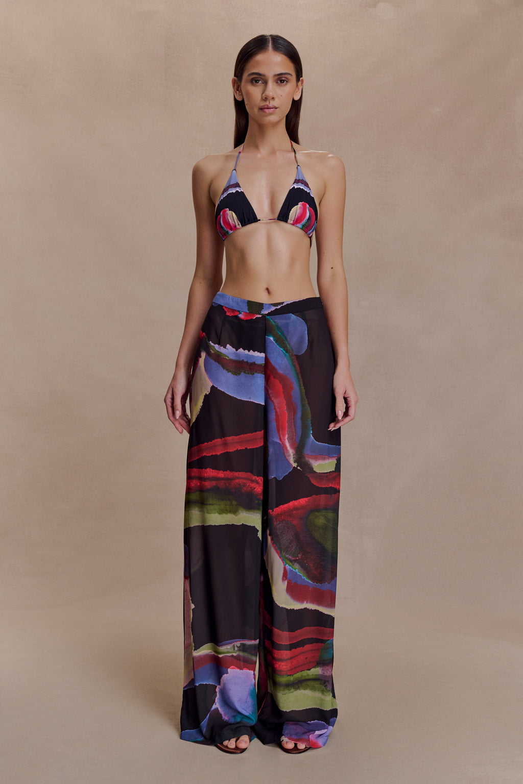 Rachel Chiffon Straight Leg Trousers - Multi Fluid Reverie Print