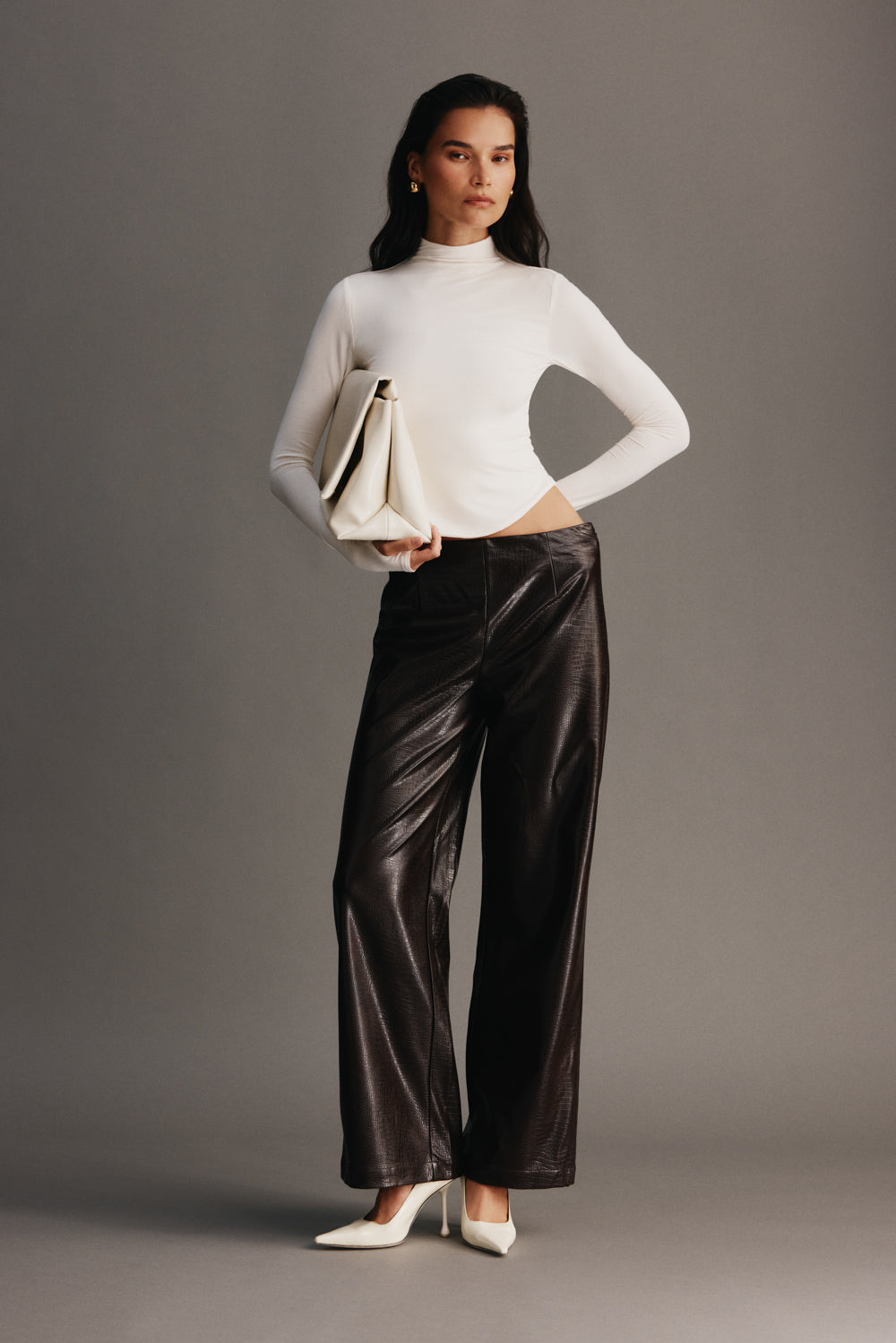 Henry Croc Faux Leather Straight Leg Trousers - Dark Chocolate