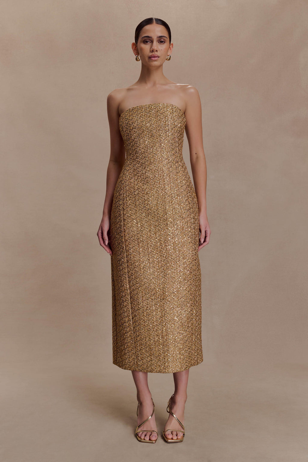 Gala Strapless Tweed Midi Dress