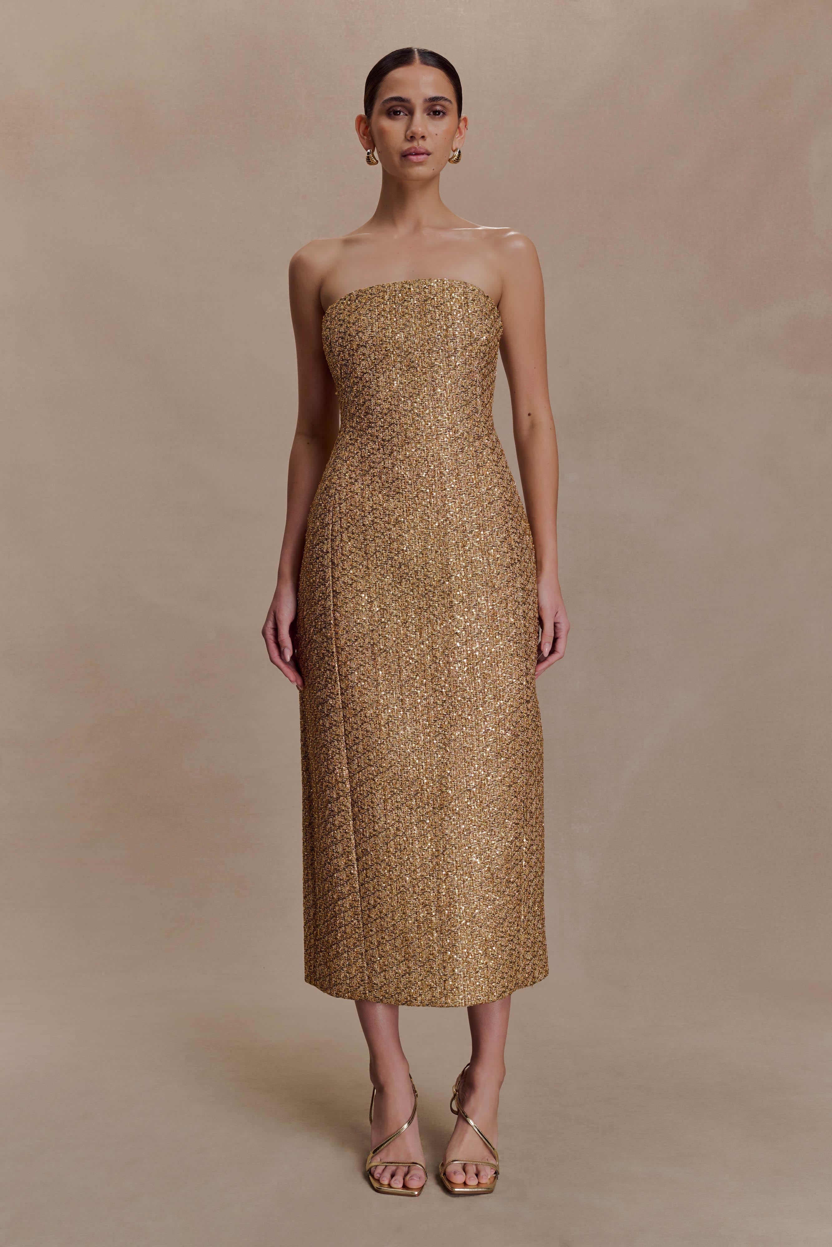 Gala Strapless Tweed Midi Dress