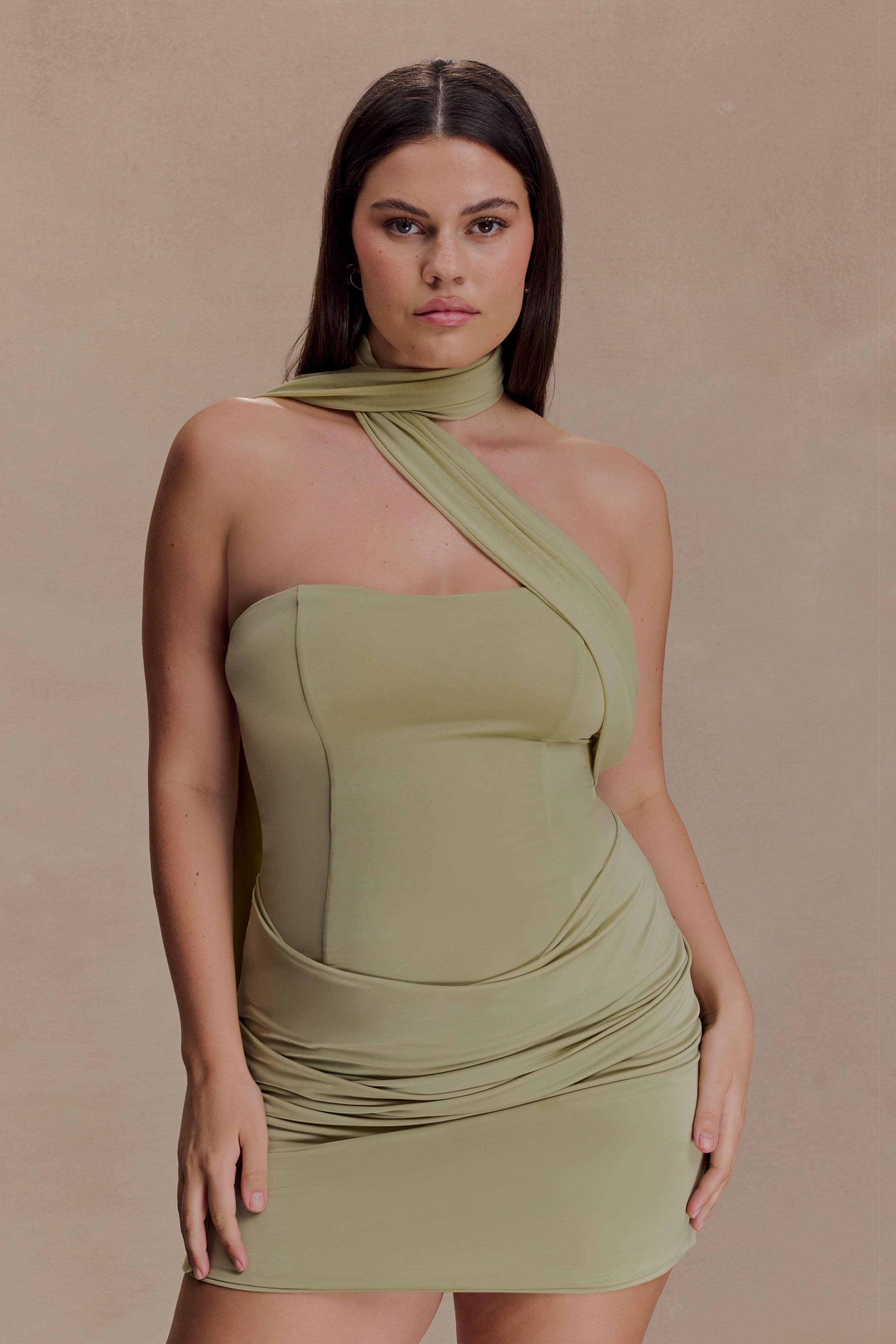 Mattea Slinky And Mesh Mini Dress With Scarf