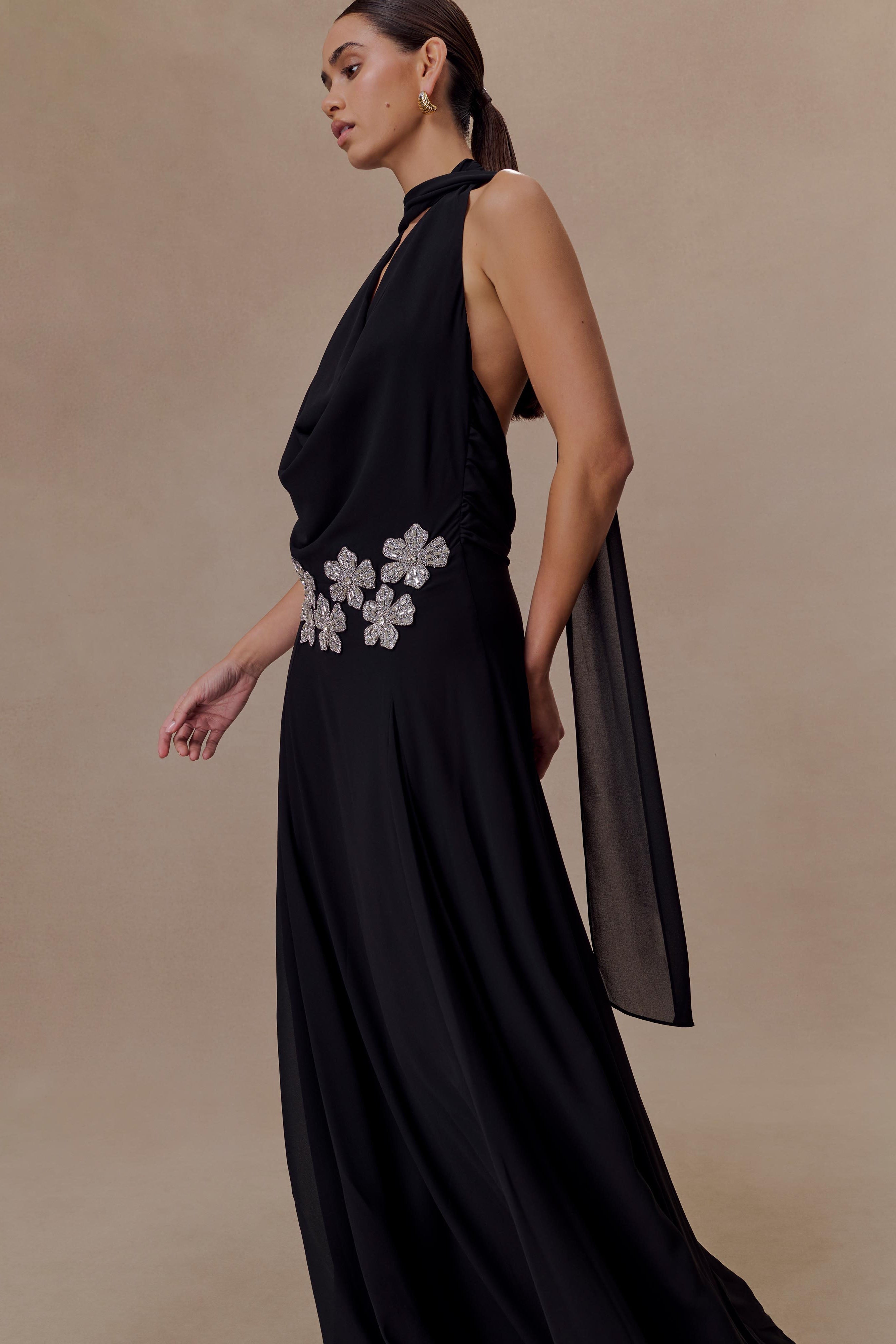 Santal Floral Chiffon Halter Maxi Dress