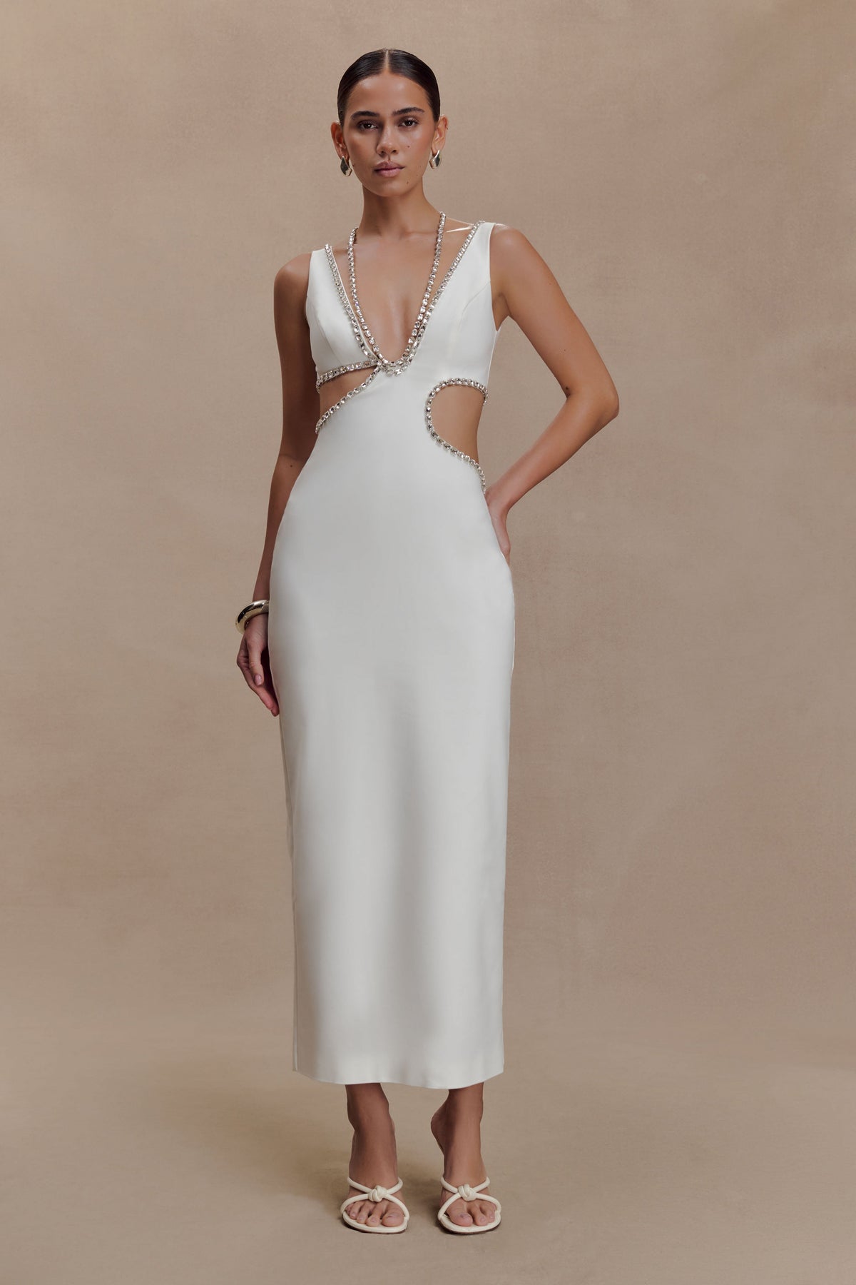 Henny Diamante Trim Cut Out Midi Dress in White – Chic&Drifts