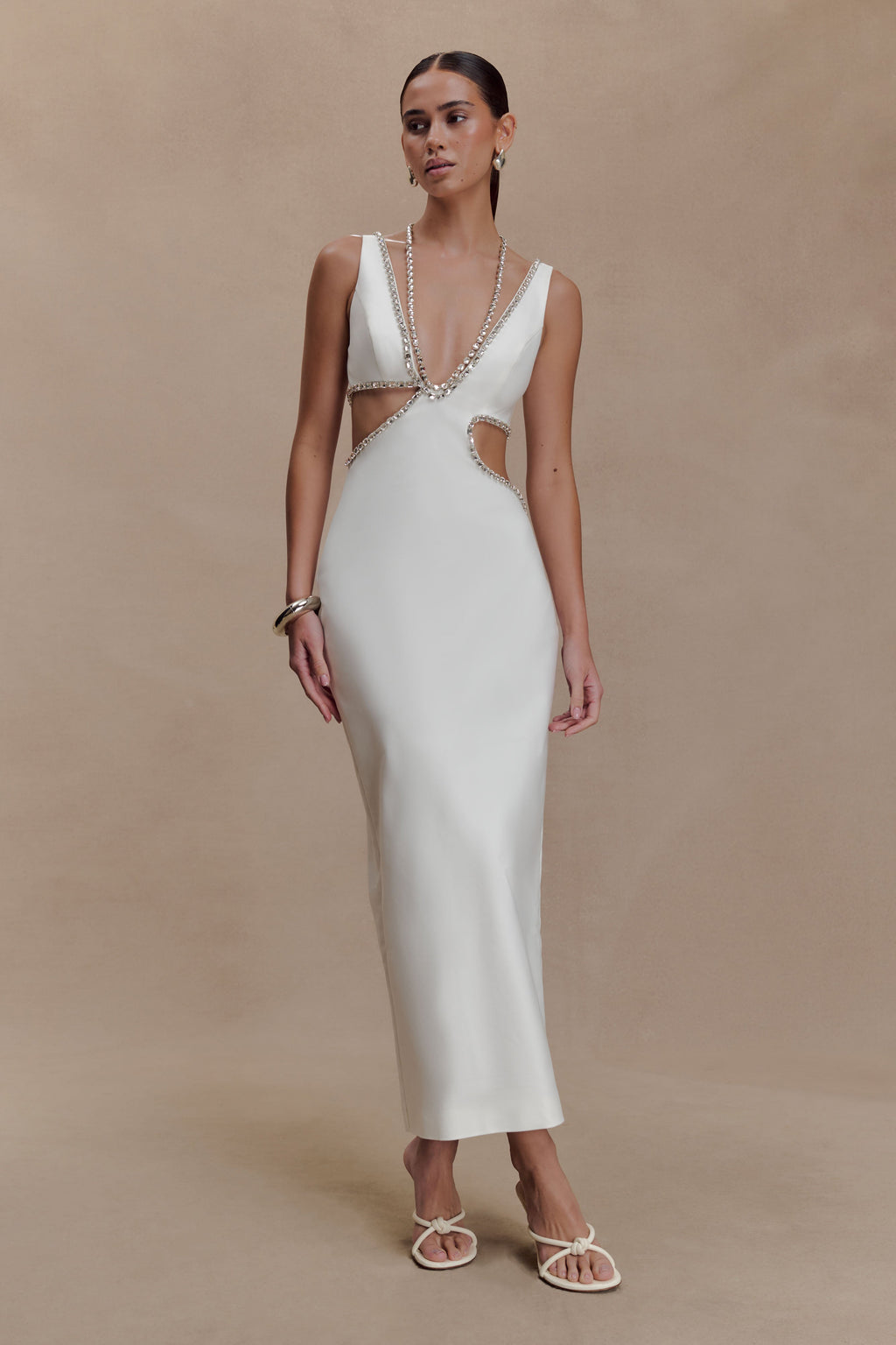 Henny Diamante Trim Cut Out Midi Dress in White – Chic&Drifts