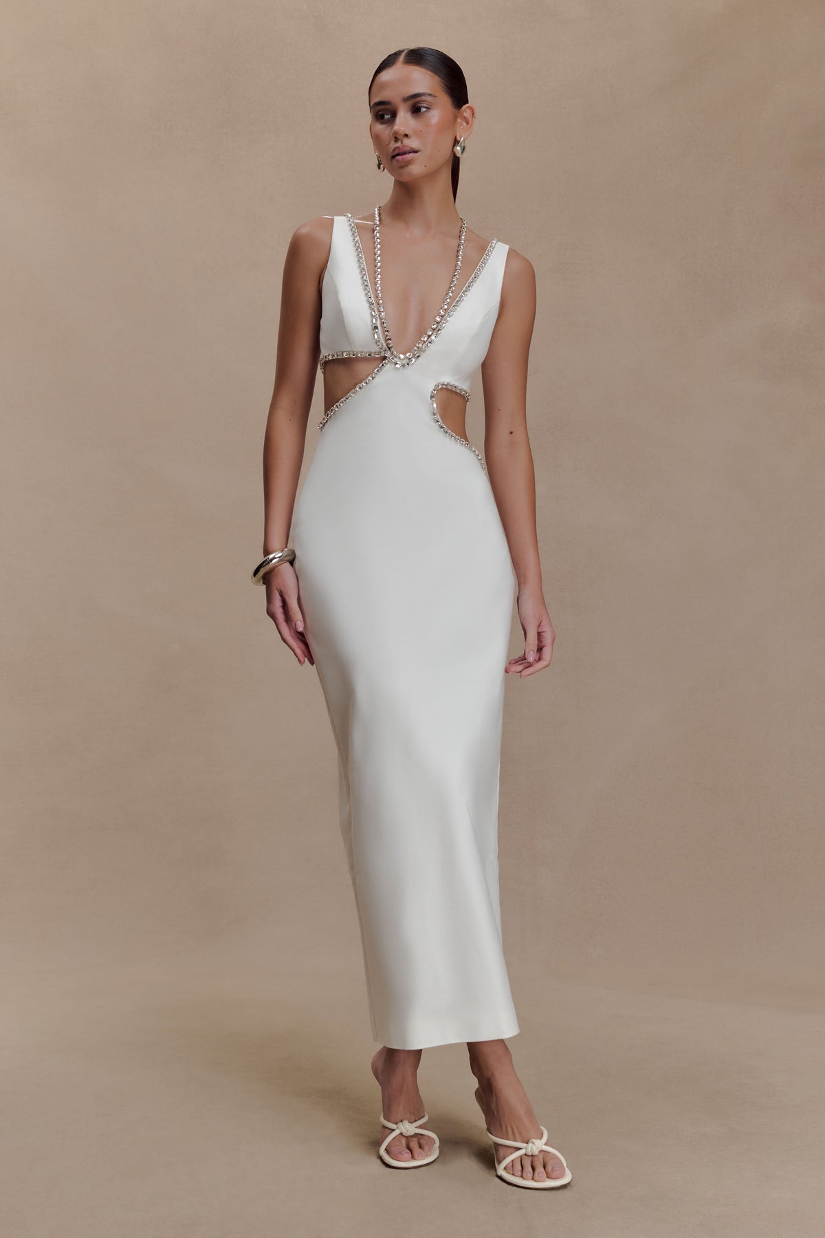 Henny Diamante Trim Cut Out Midi Dress in White – Chic&Drifts