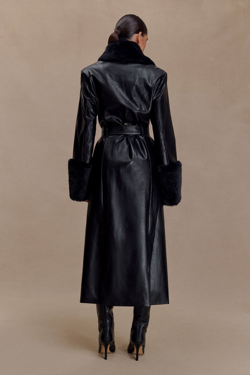 Bec Faux Leather Trench Coat With Faux Fur - Black
