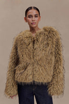Ottie Mongolian Faux Fur Cropped Jacket in Brown Multi – Chic&Drifts