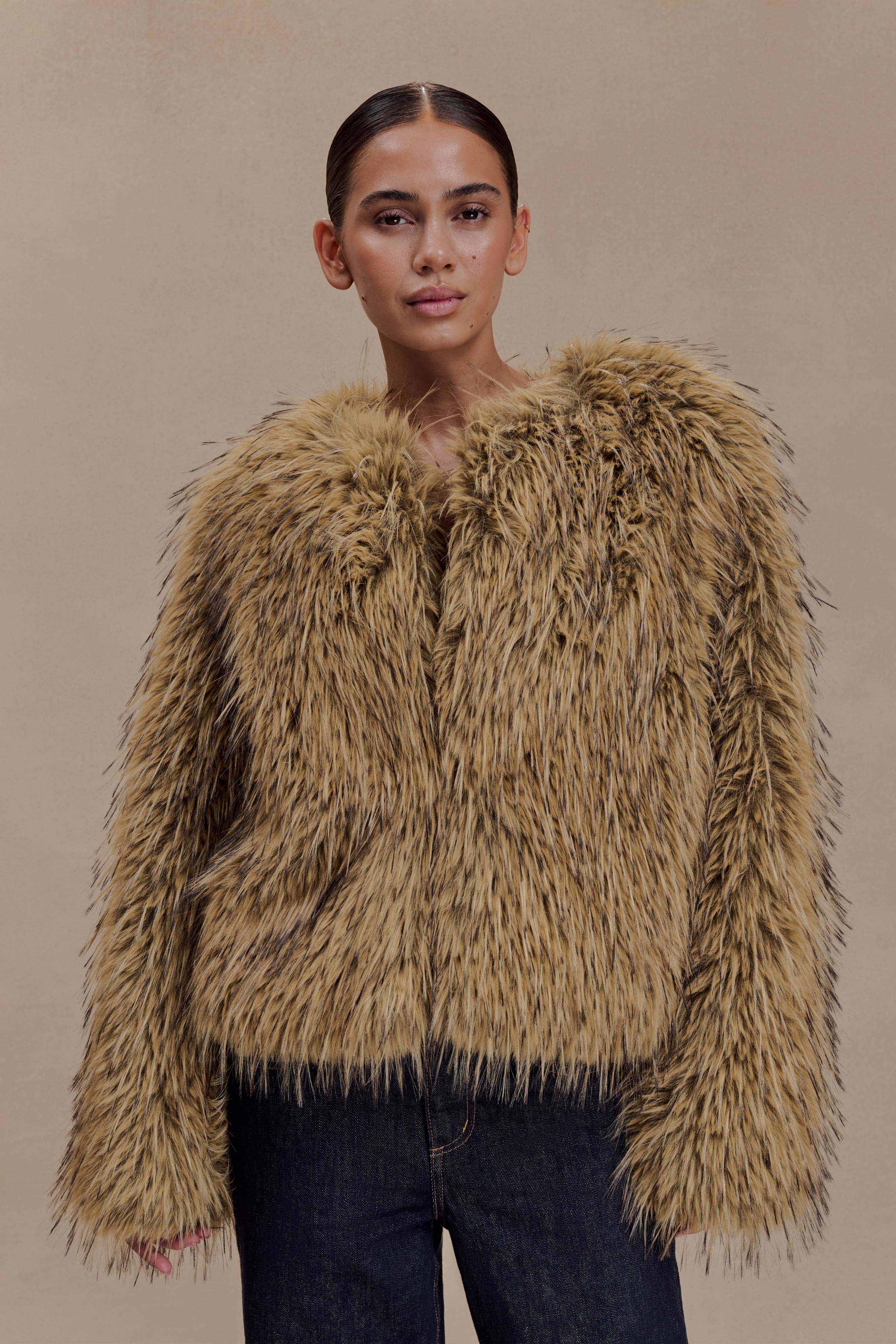 Ottie Mongolian Faux Fur Cropped Jacket in Brown Multi – Chic&Drifts