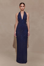 Harriet Halter Neck Diamante Maxi Dress in Navy – Chic&Drifts