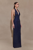 Harriet Halter Neck Diamante Maxi Dress in Navy – Chic&Drifts