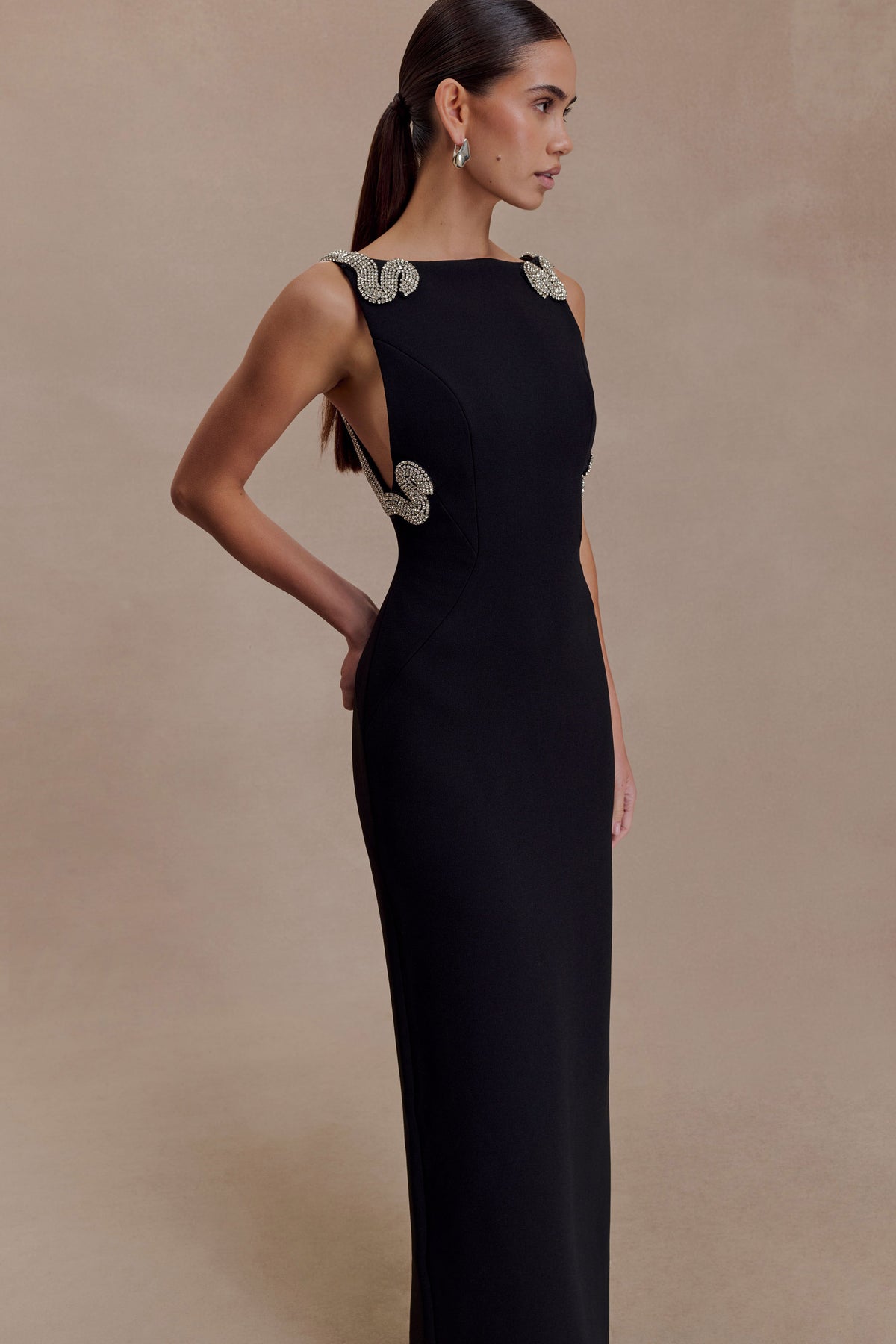 Lorde Embellished Crepe Maxi Dress in Black – Chic&Drifts