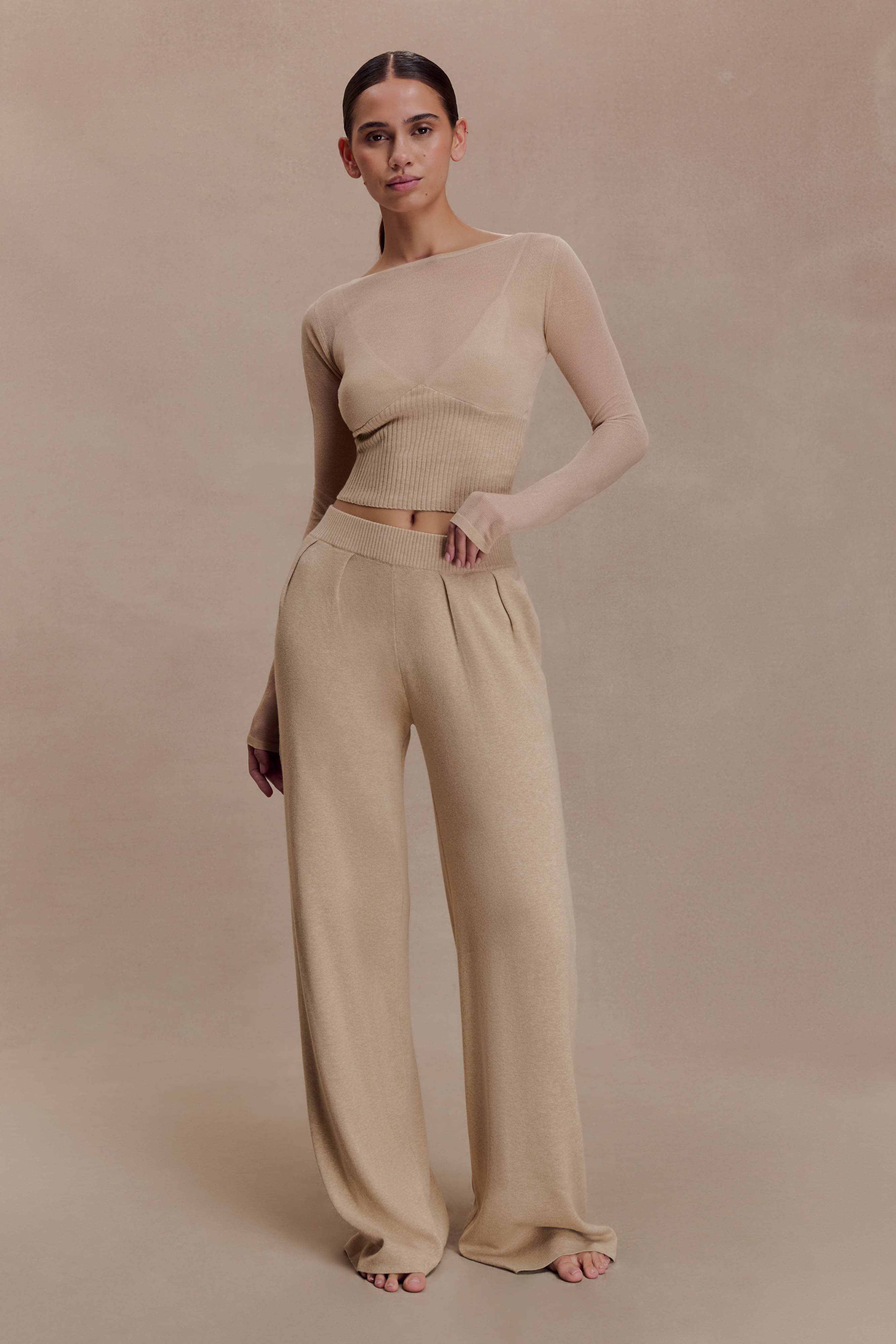 Frannie Gathered Silk Blend Knit Trousers - Sand