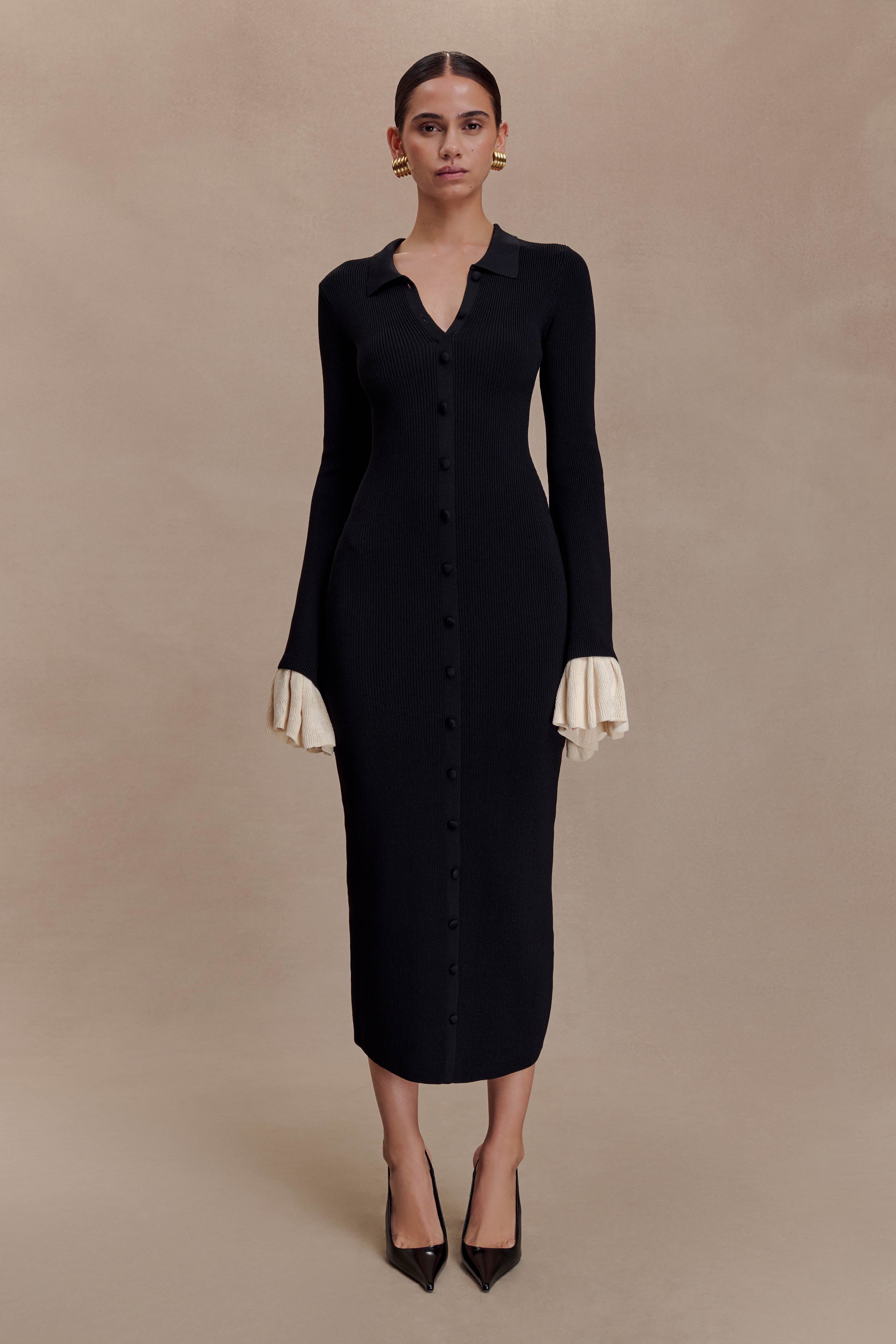 Amirose Ruffle Knit Midi Dress