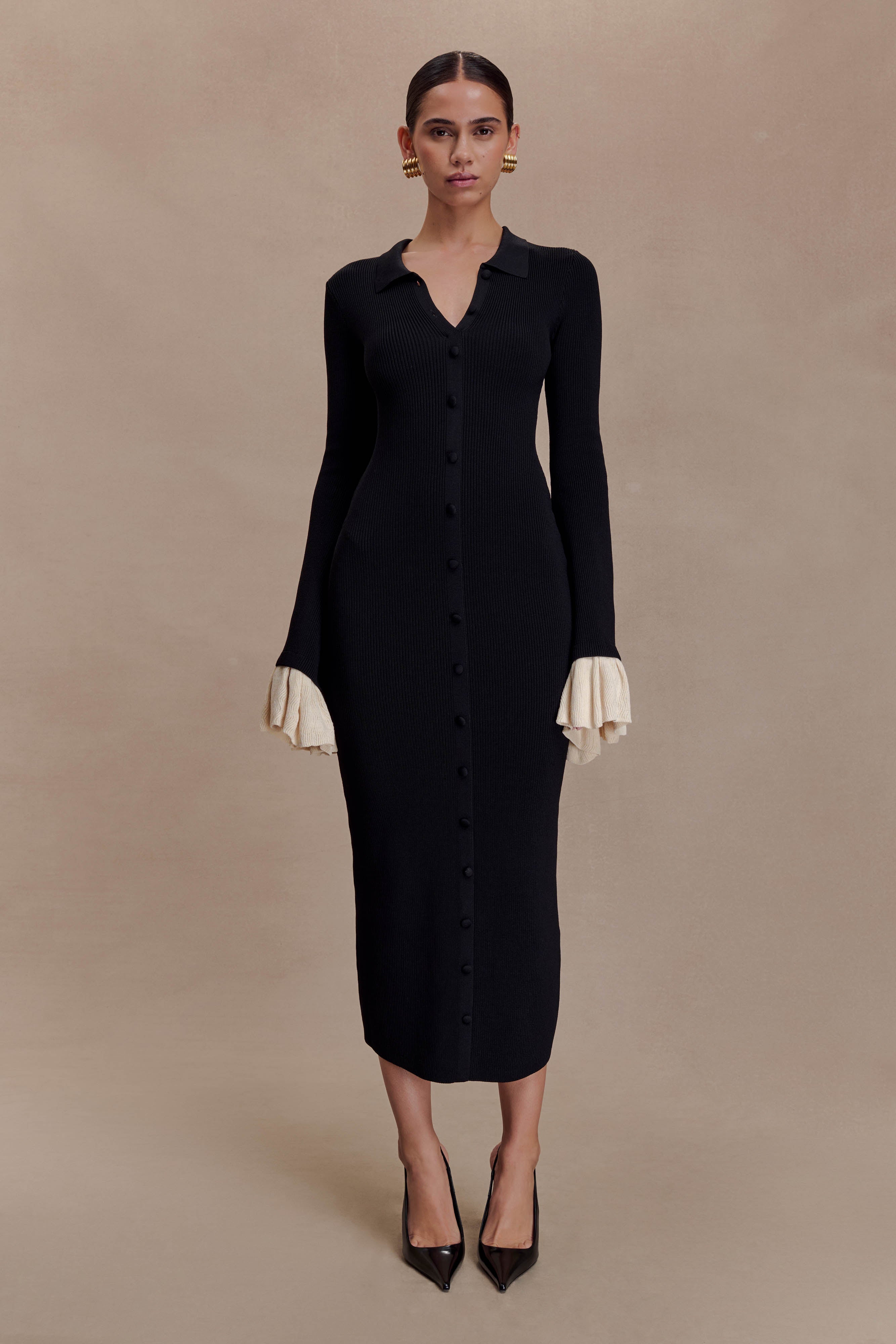 Amirose Ruffle Knit Midi Dress