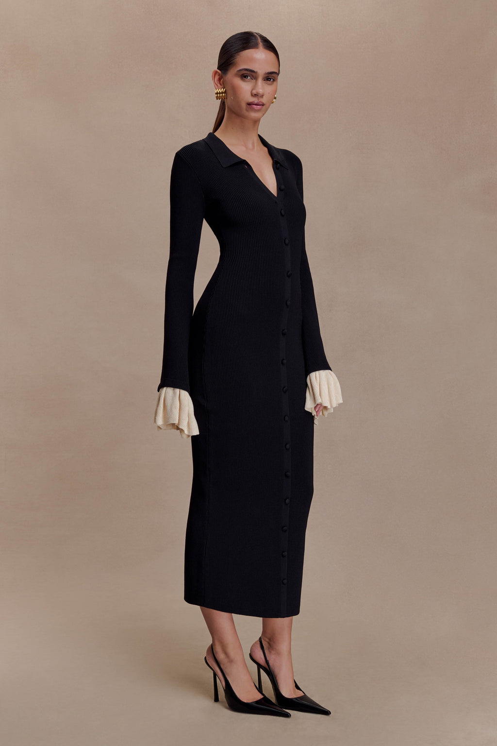 Amirose Ruffle Knit Midi Dress