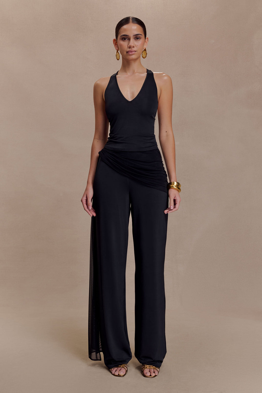 Aspyn Slinky Gathered Wide Leg Trousers - Black