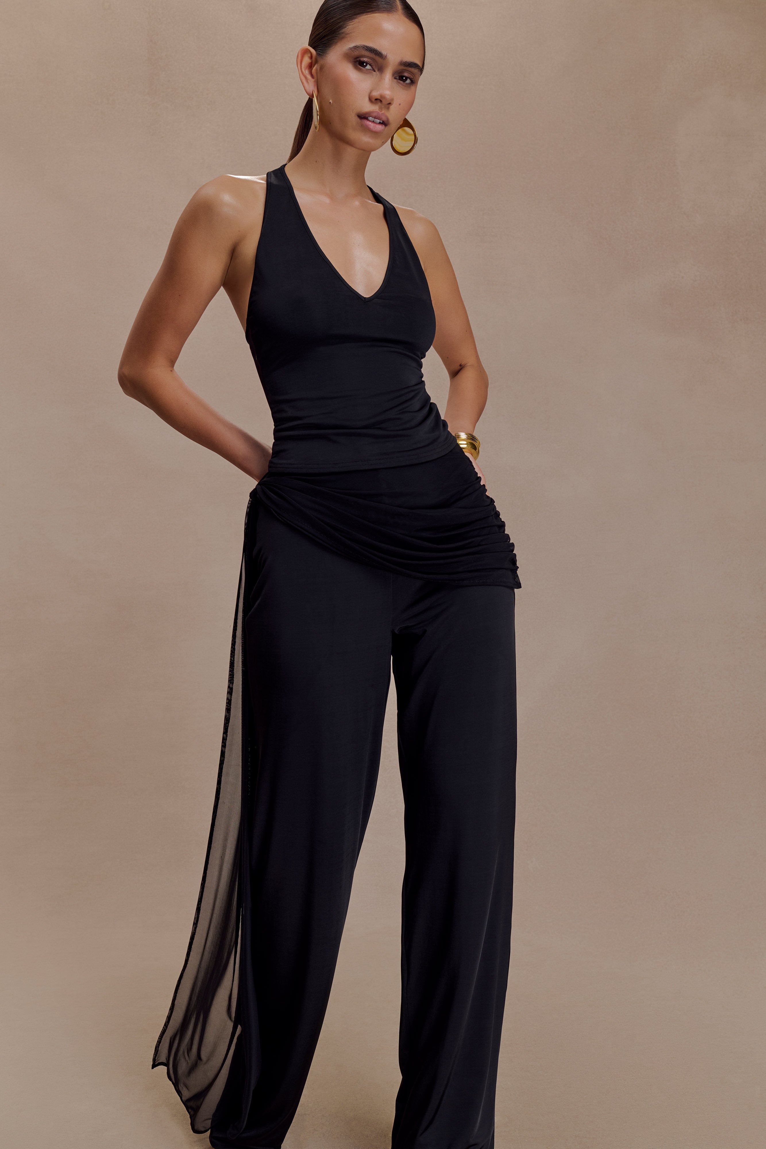 Aspyn Slinky Gathered Wide Leg Trousers - Black