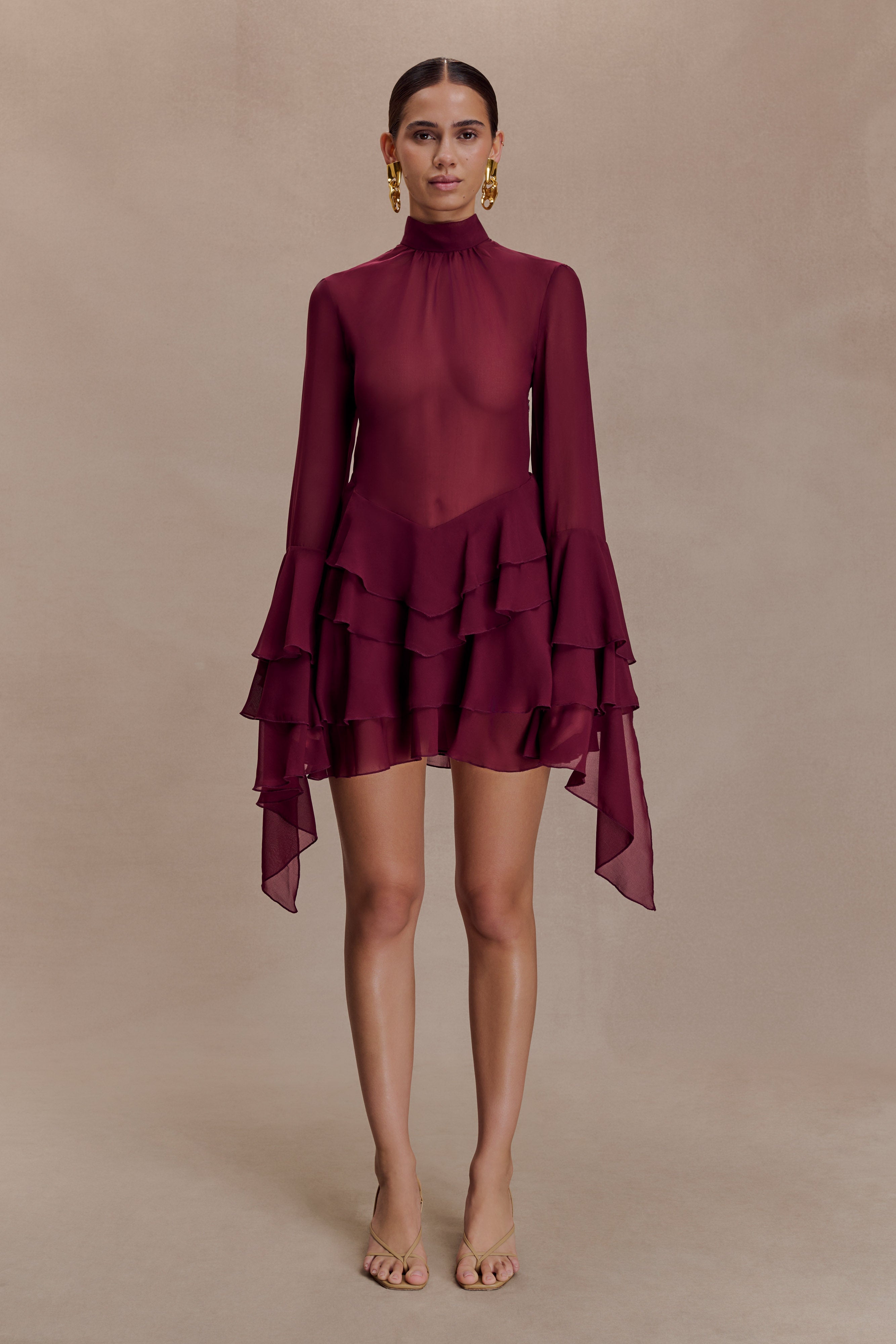 Nimah Chiffon Ruffle Mini Dress in Wine – Chic&Drifts