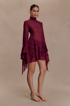 Nimah Chiffon Ruffle Mini Dress in Wine – Chic&Drifts