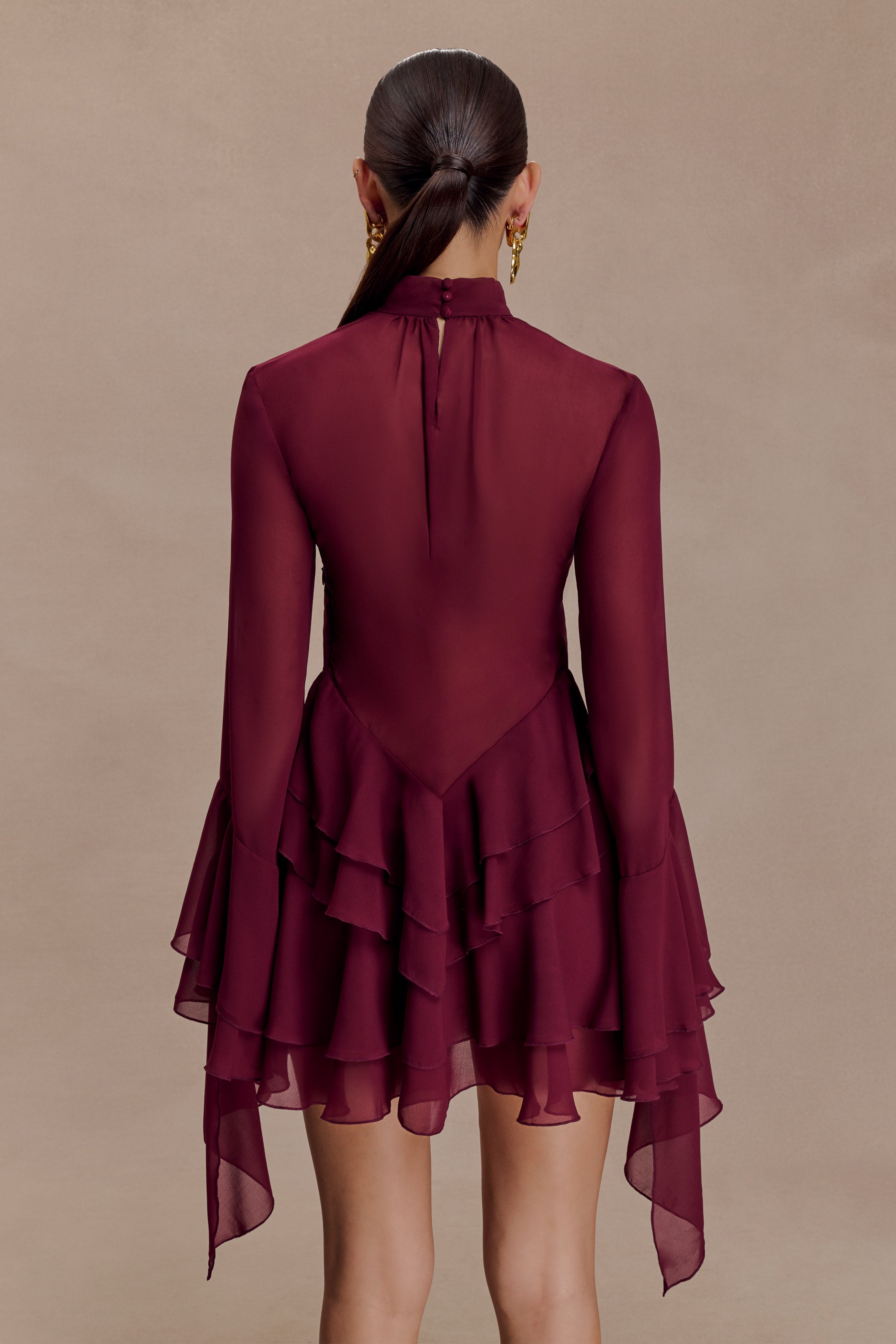 Nimah Chiffon Ruffle Mini Dress in Wine – Chic&Drifts