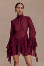 Nimah Chiffon Ruffle Mini Dress in Wine – Chic&Drifts