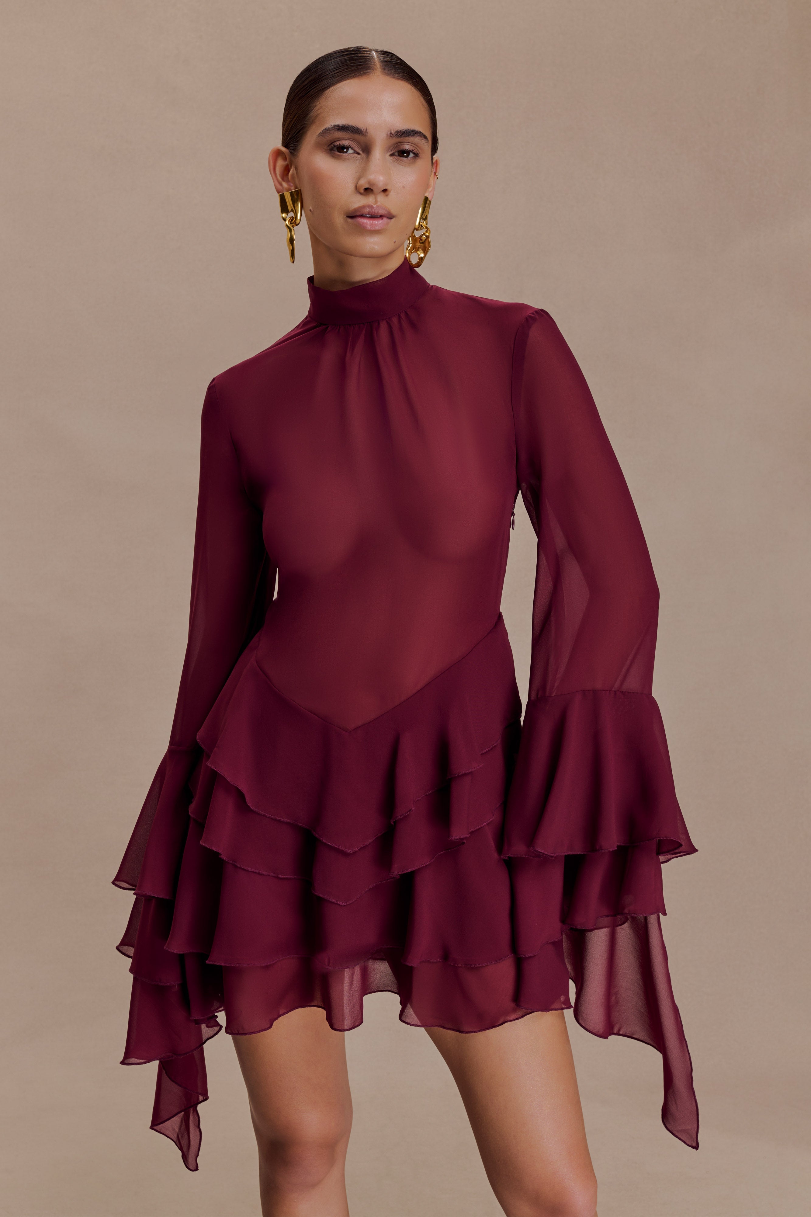 Nimah Chiffon Ruffle Mini Dress in Wine – Chic&Drifts