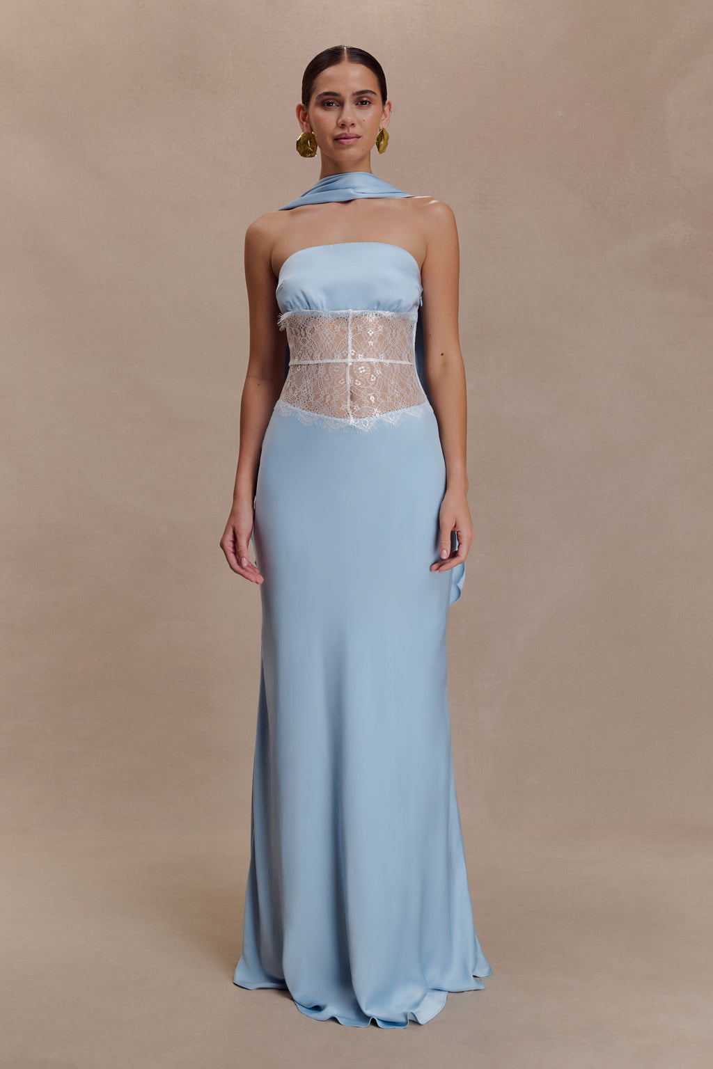 Pilar Strapless Satin And Lace Maxi Dress in Cornflower Blue – Chic&Drifts