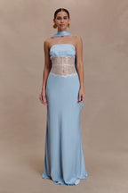 Pilar Strapless Satin And Lace Maxi Dress in Cornflower Blue – Chic&Drifts