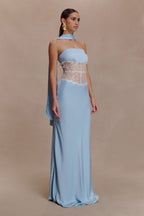Pilar Strapless Satin And Lace Maxi Dress in Cornflower Blue – Chic&Drifts