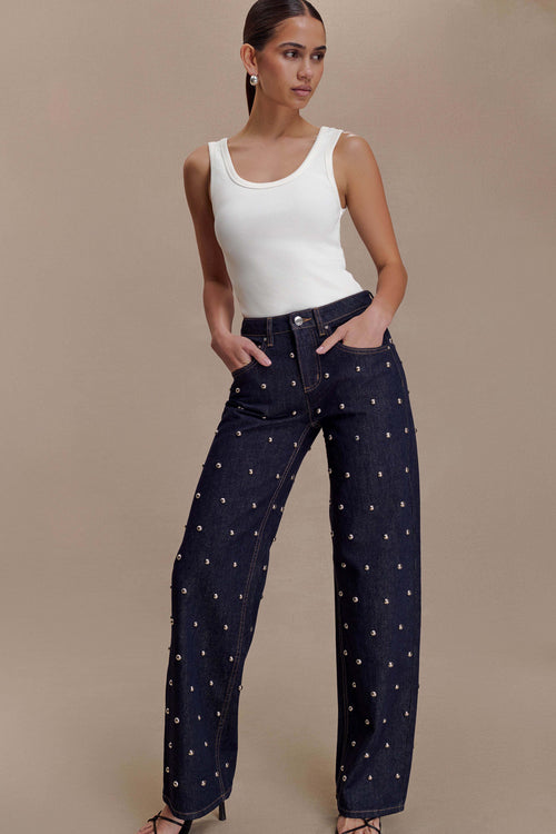 Alima Mid Rise Stud Jeans in Washed Indigo Blue – Chic&Drifts
