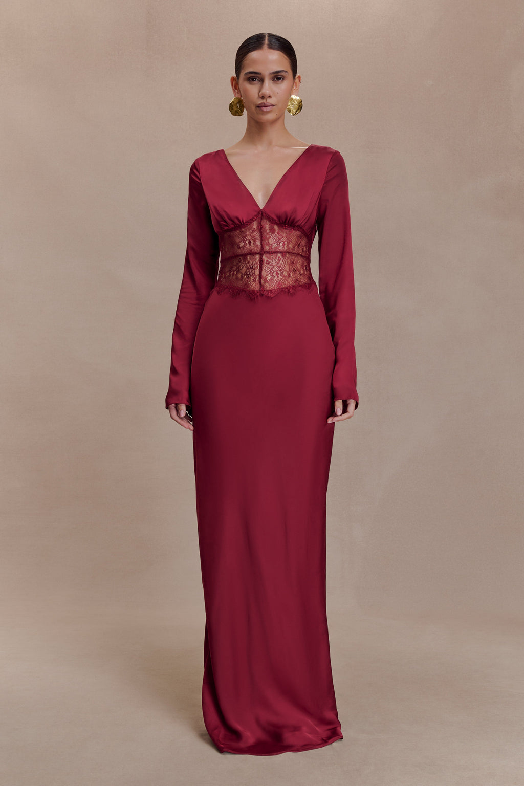 Kaya Long Sleeve Satin And Mesh Maxi Dress