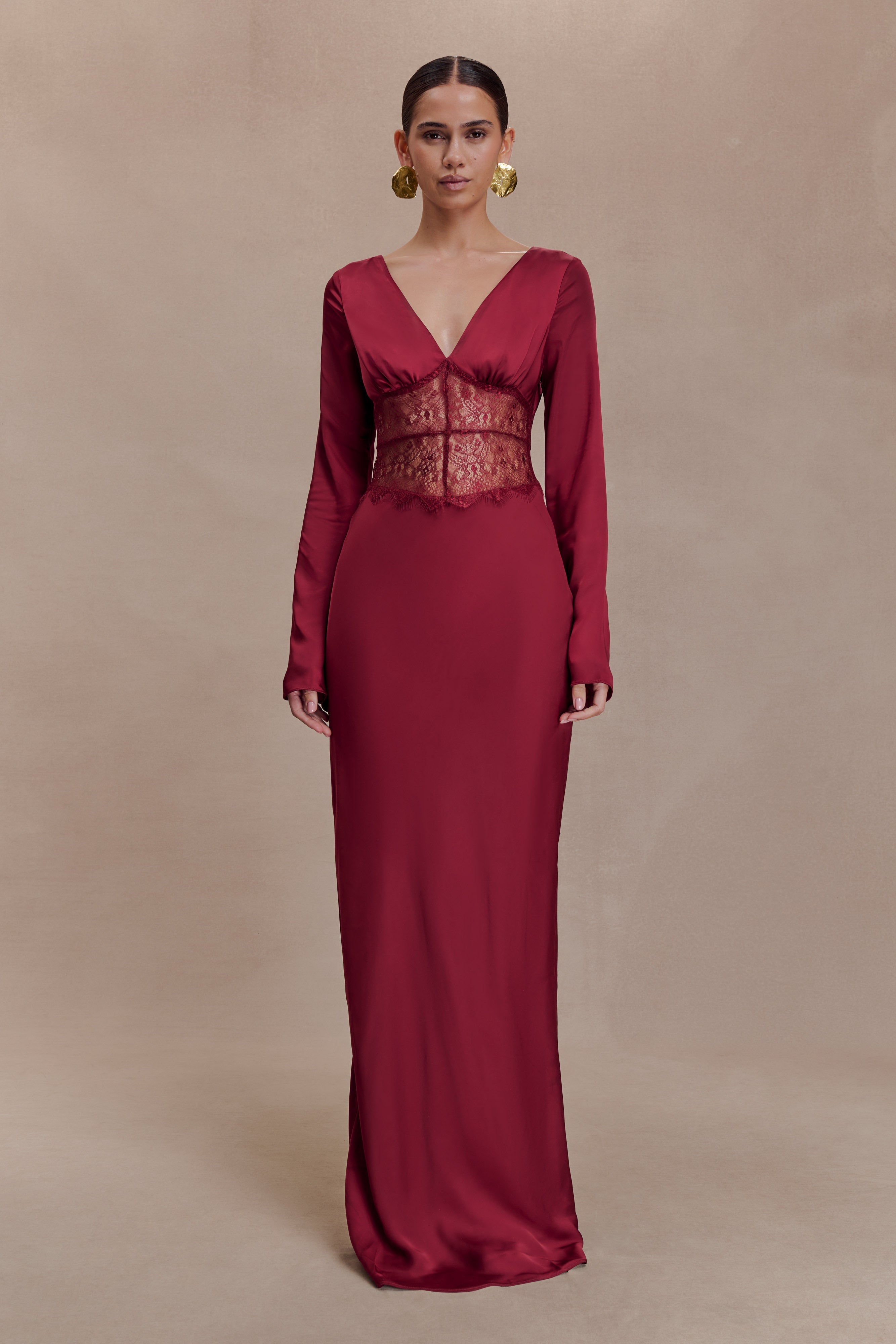 Kaya Long Sleeve Satin And Mesh Maxi Dress