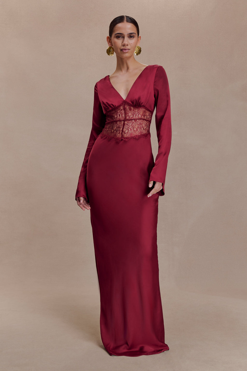 Kaya Long Sleeve Satin And Mesh Maxi Dress
