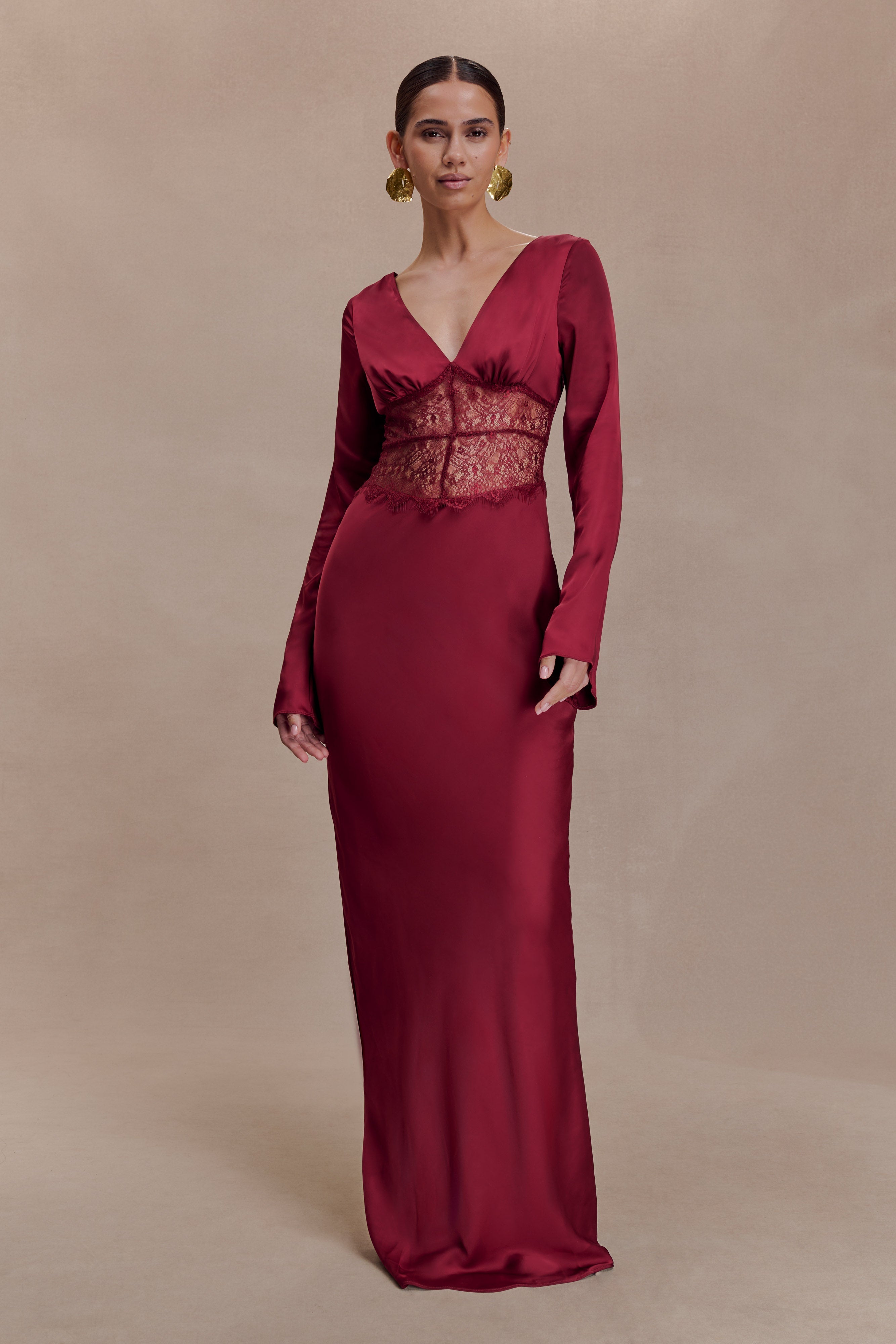 Kaya Long Sleeve Satin And Mesh Maxi Dress