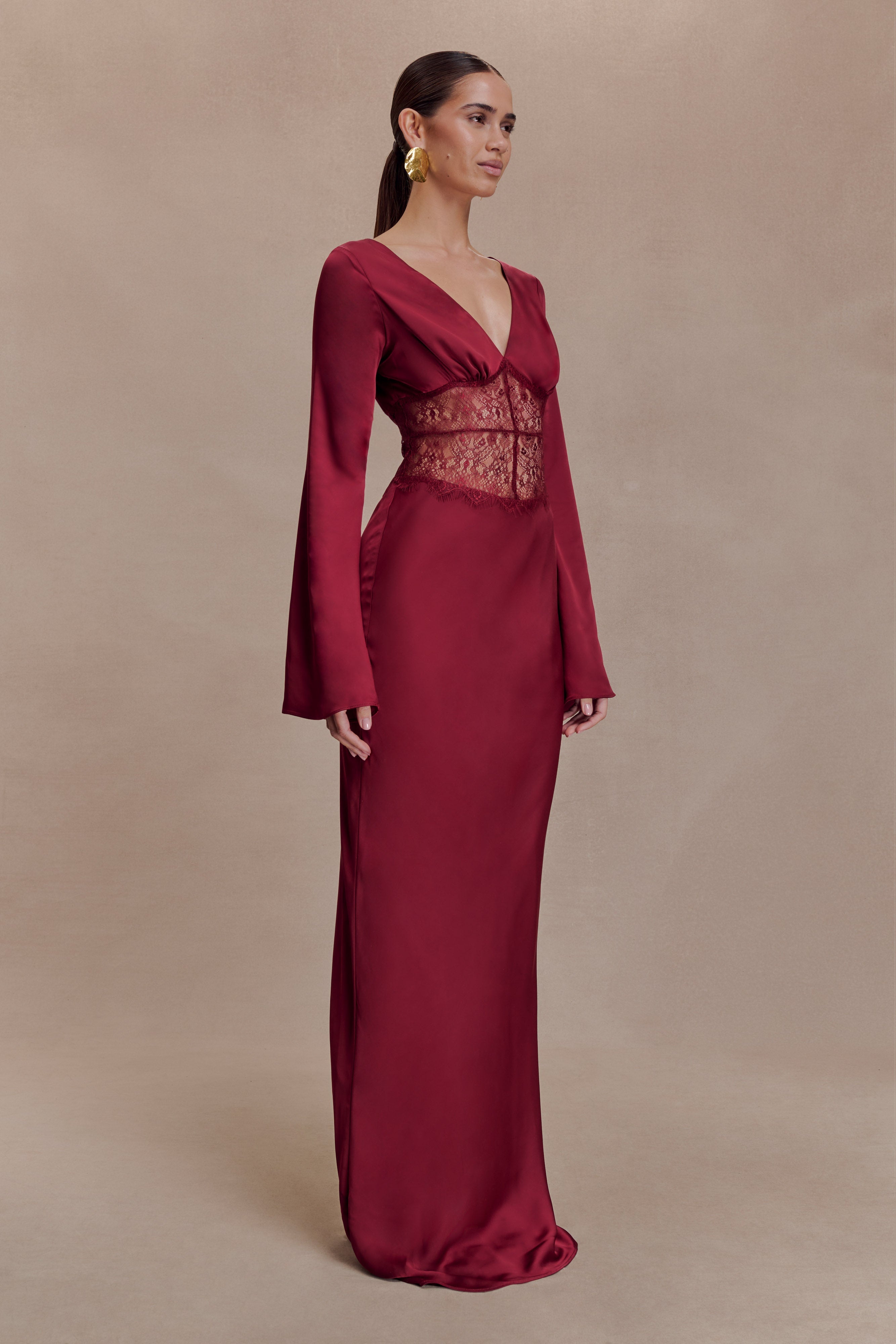 Kaya Long Sleeve Satin And Mesh Maxi Dress