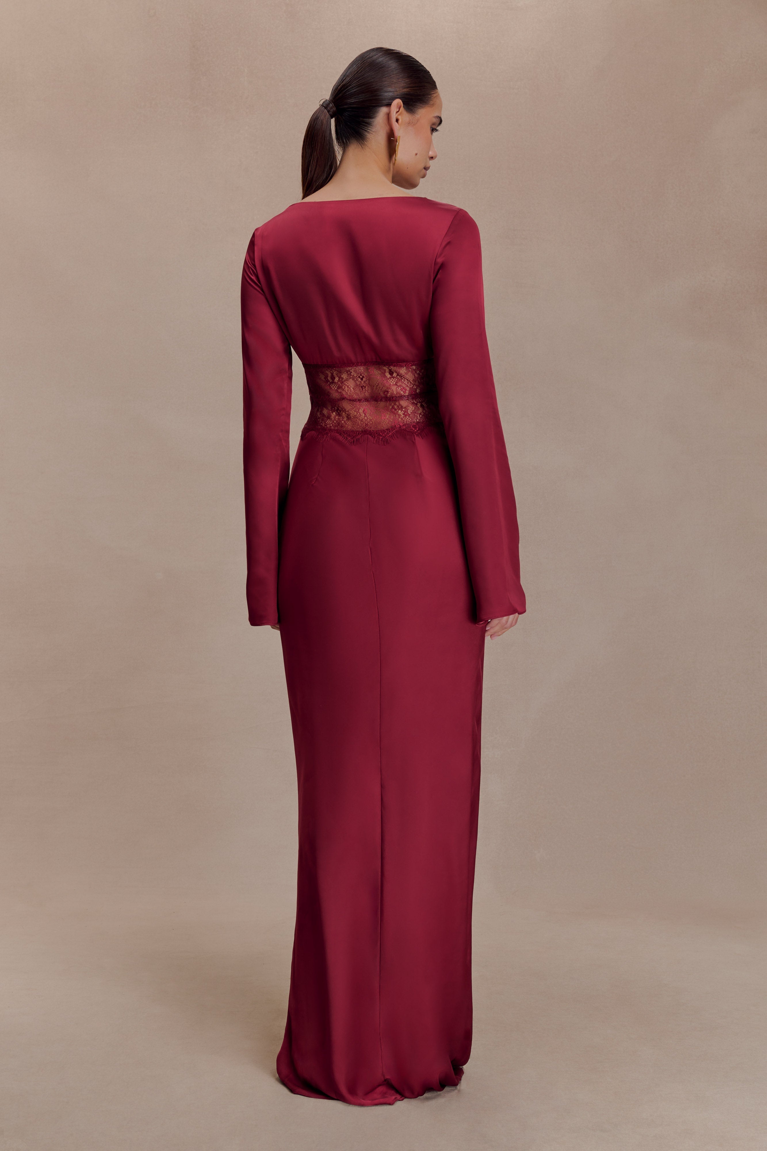 Kaya Long Sleeve Satin And Mesh Maxi Dress