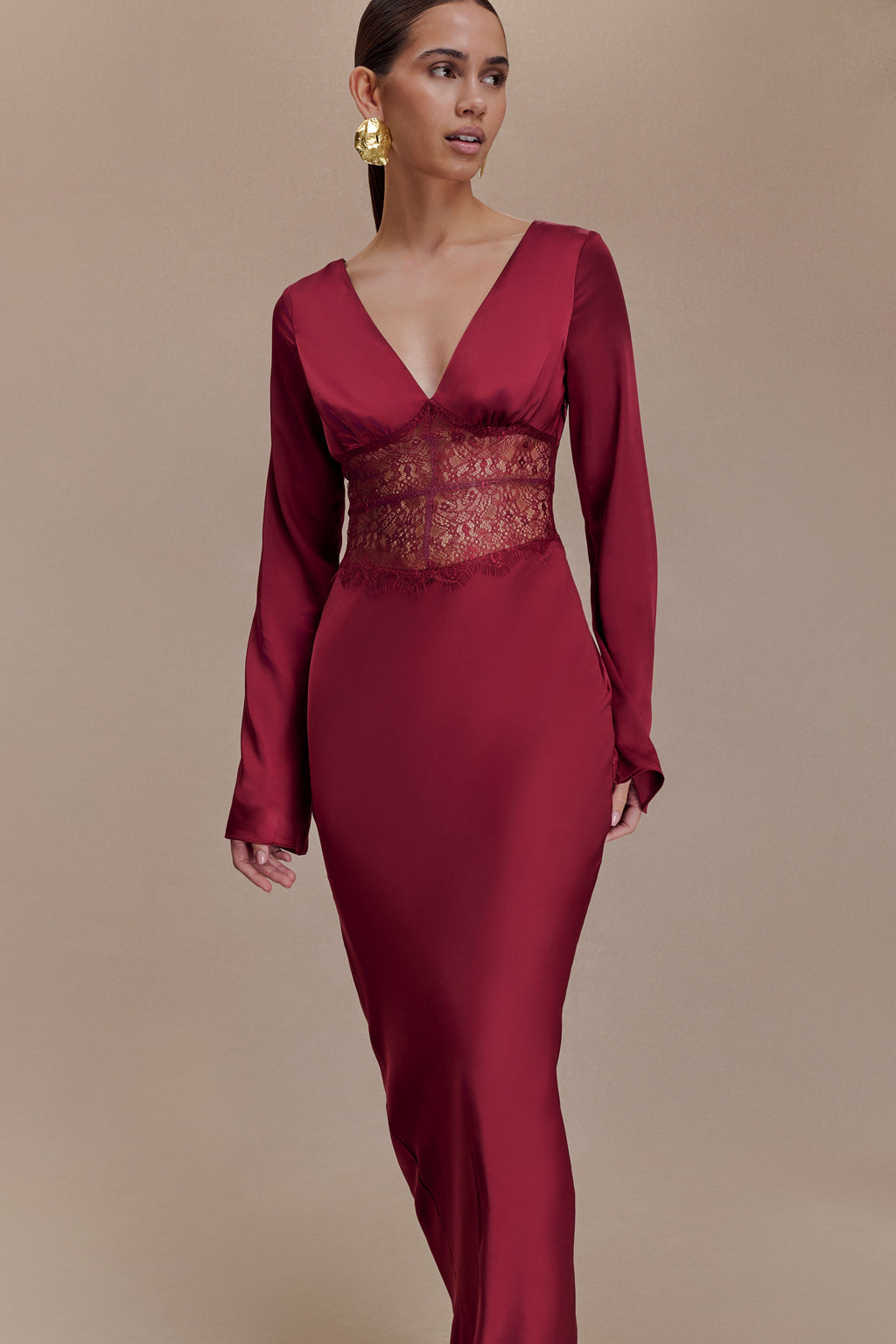 Kaya Long Sleeve Satin And Mesh Maxi Dress