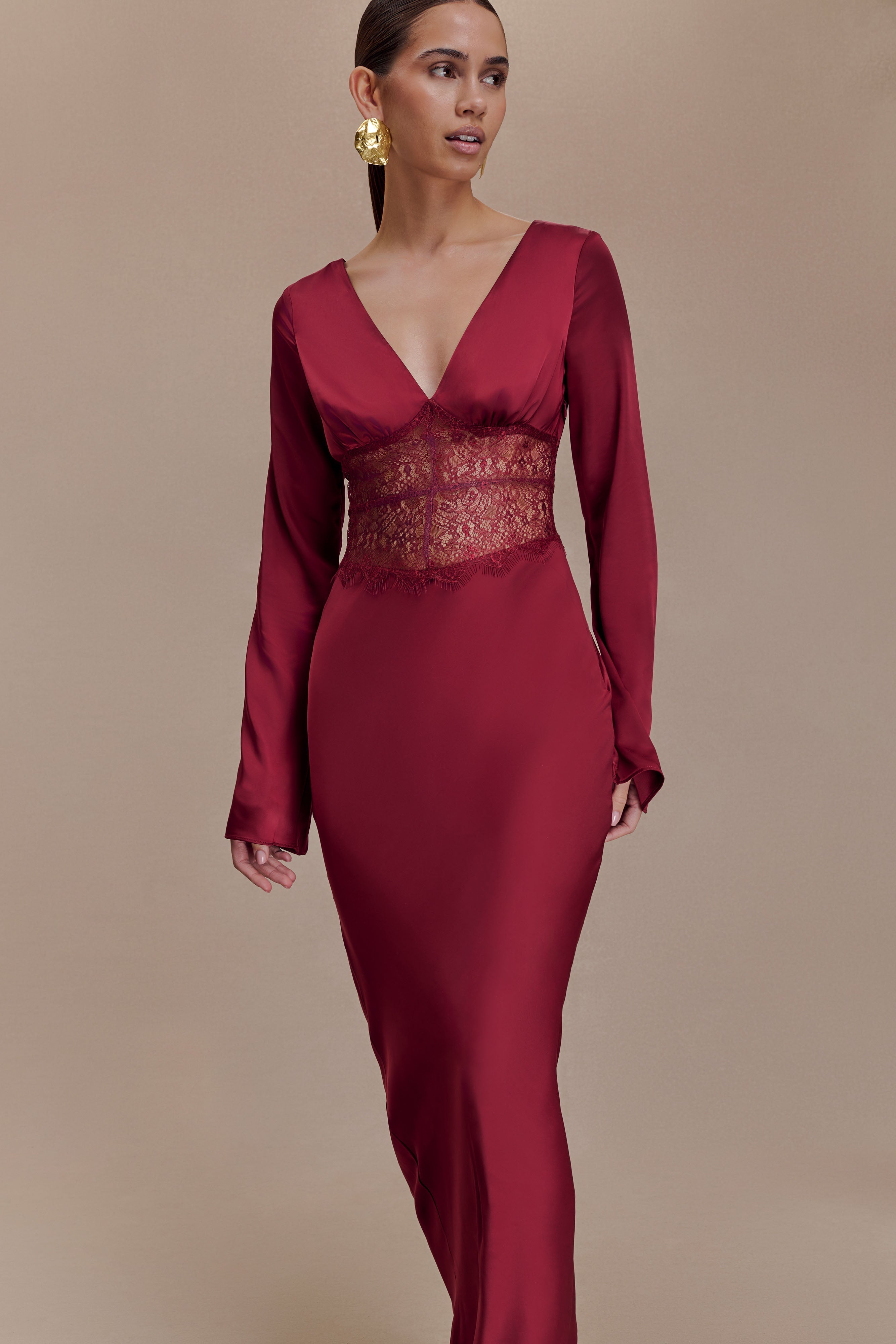 Kaya Long Sleeve Satin And Mesh Maxi Dress