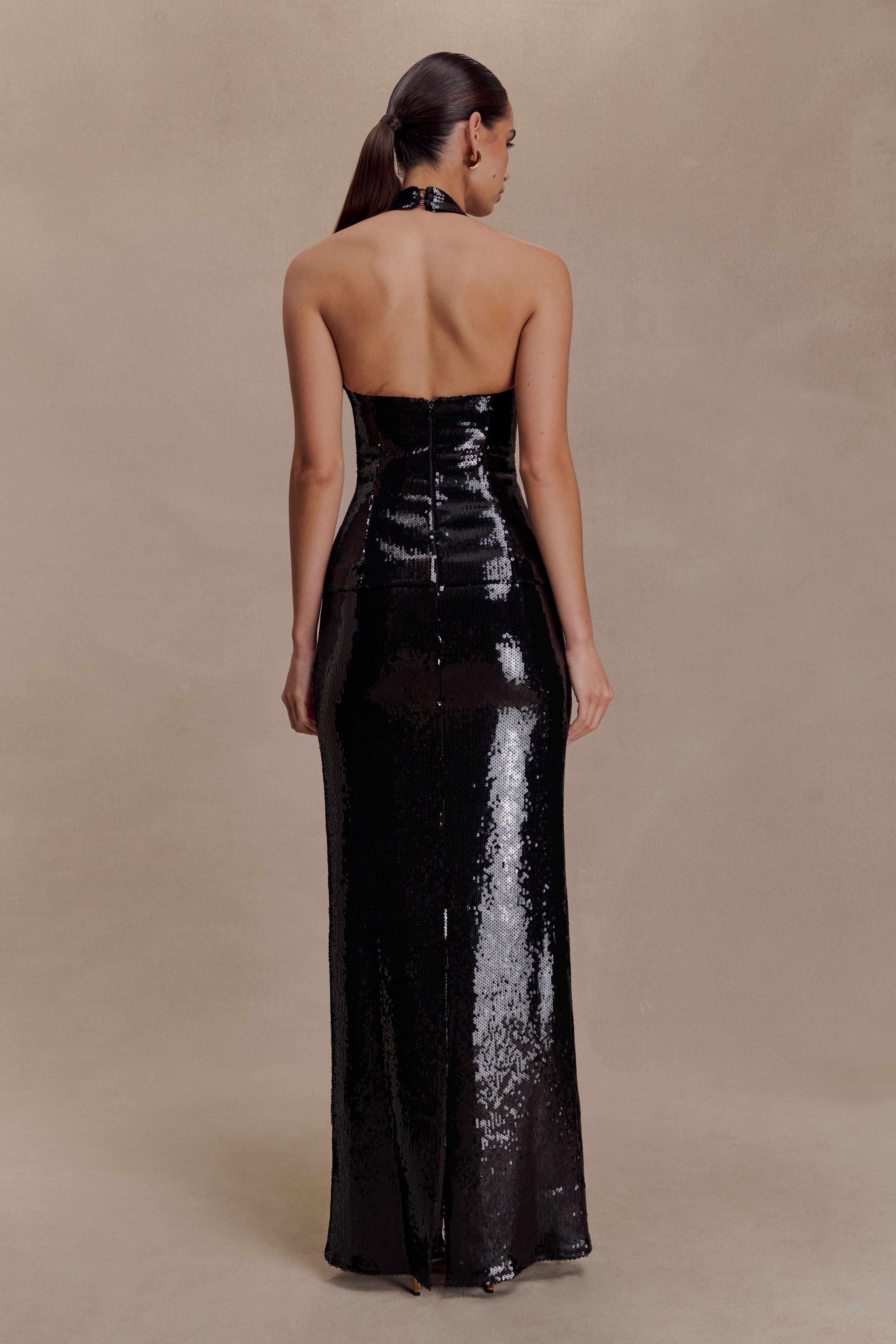 Bertie Sequin Peplum Halter Maxi Dress