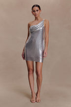 Lyle One Shoulder Glow Mesh Mini Dress in Silver – Chic&Drifts