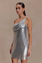 Lyle One Shoulder Glow Mesh Mini Dress in Silver – Chic&Drifts