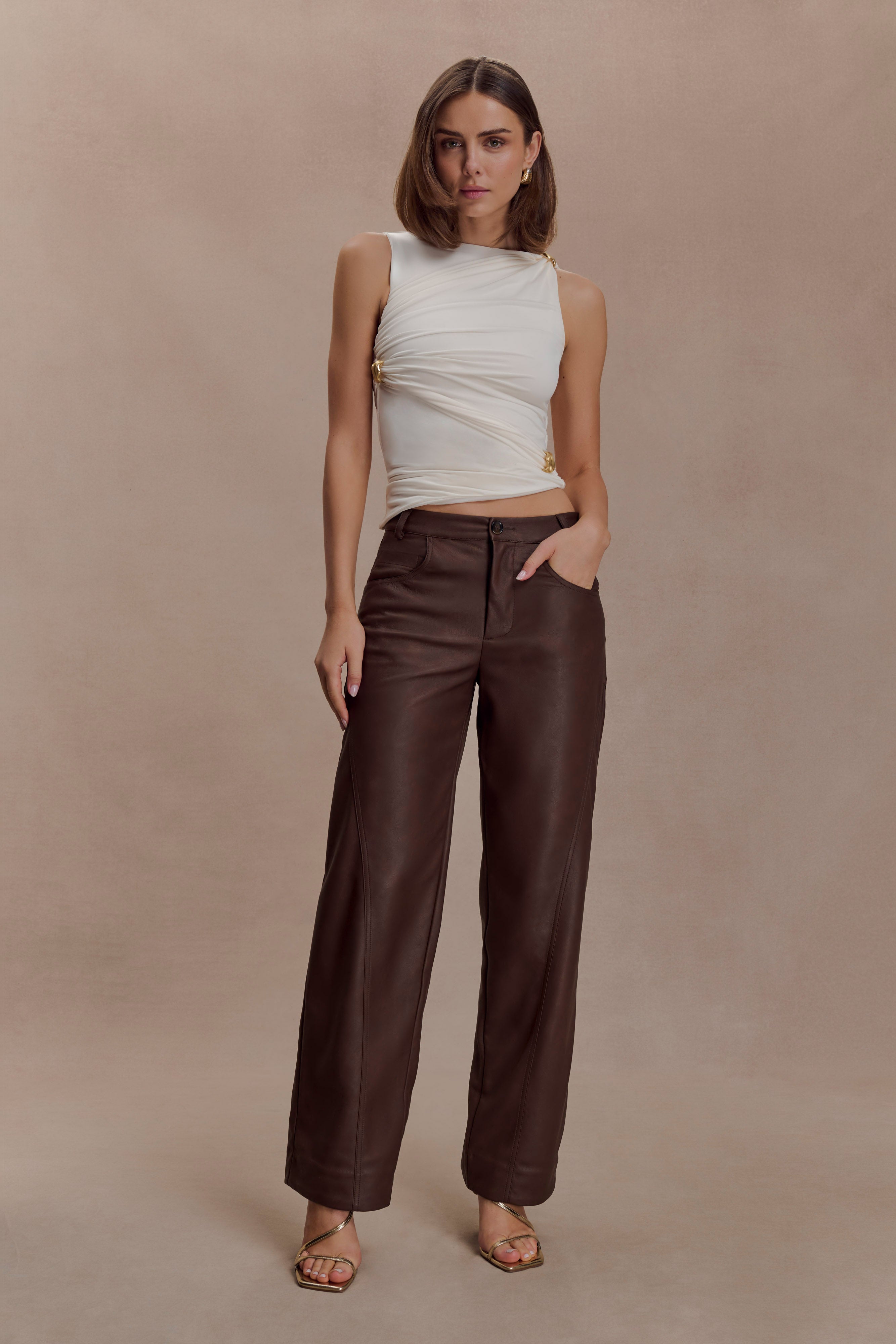 Theo Faux Leather Mid Rise Trousers - Dark Chocolate