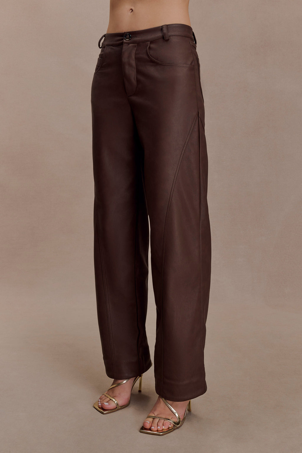 Theo Faux Leather Mid Rise Trousers - Dark Chocolate