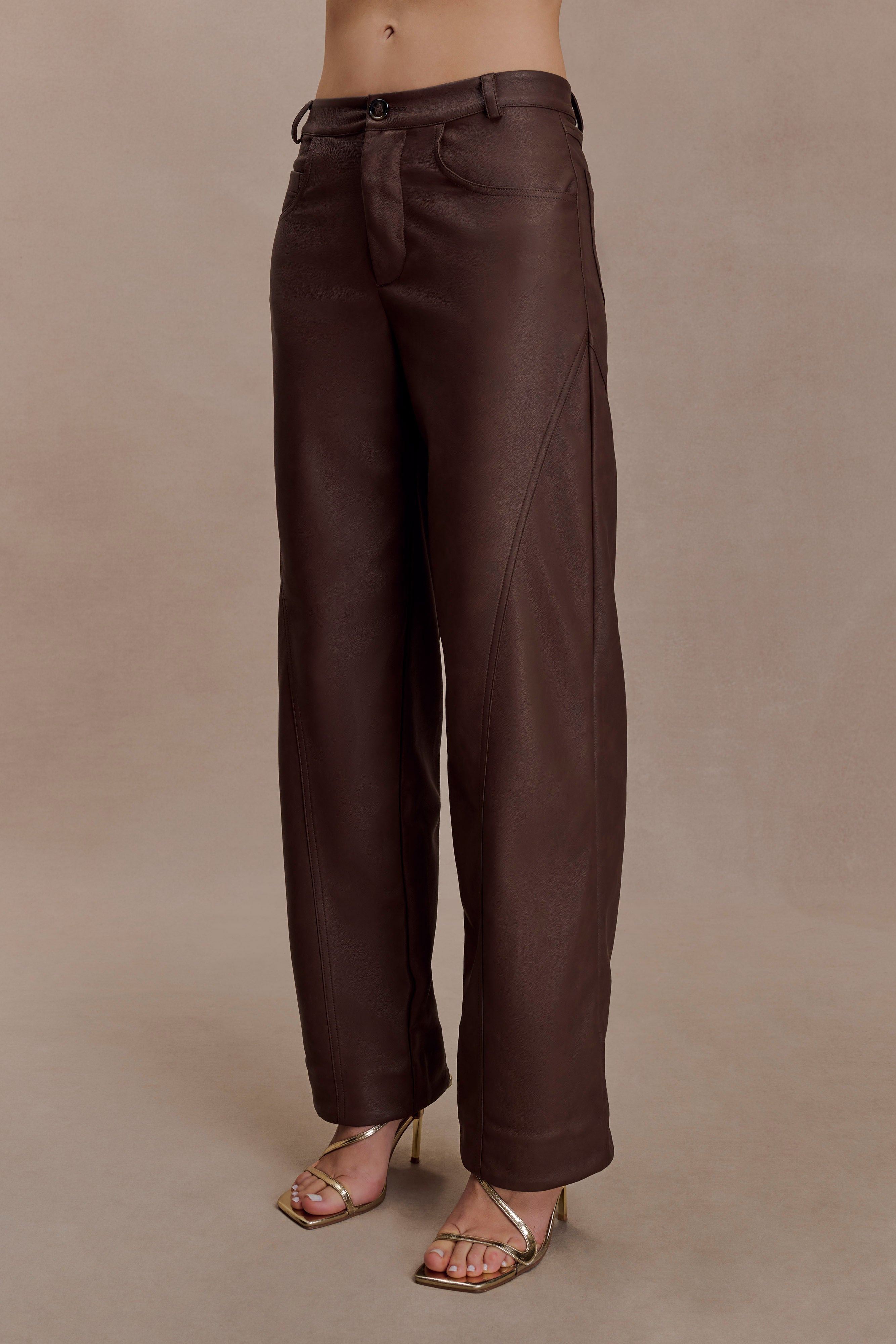 Theo Faux Leather Mid Rise Trousers - Dark Chocolate