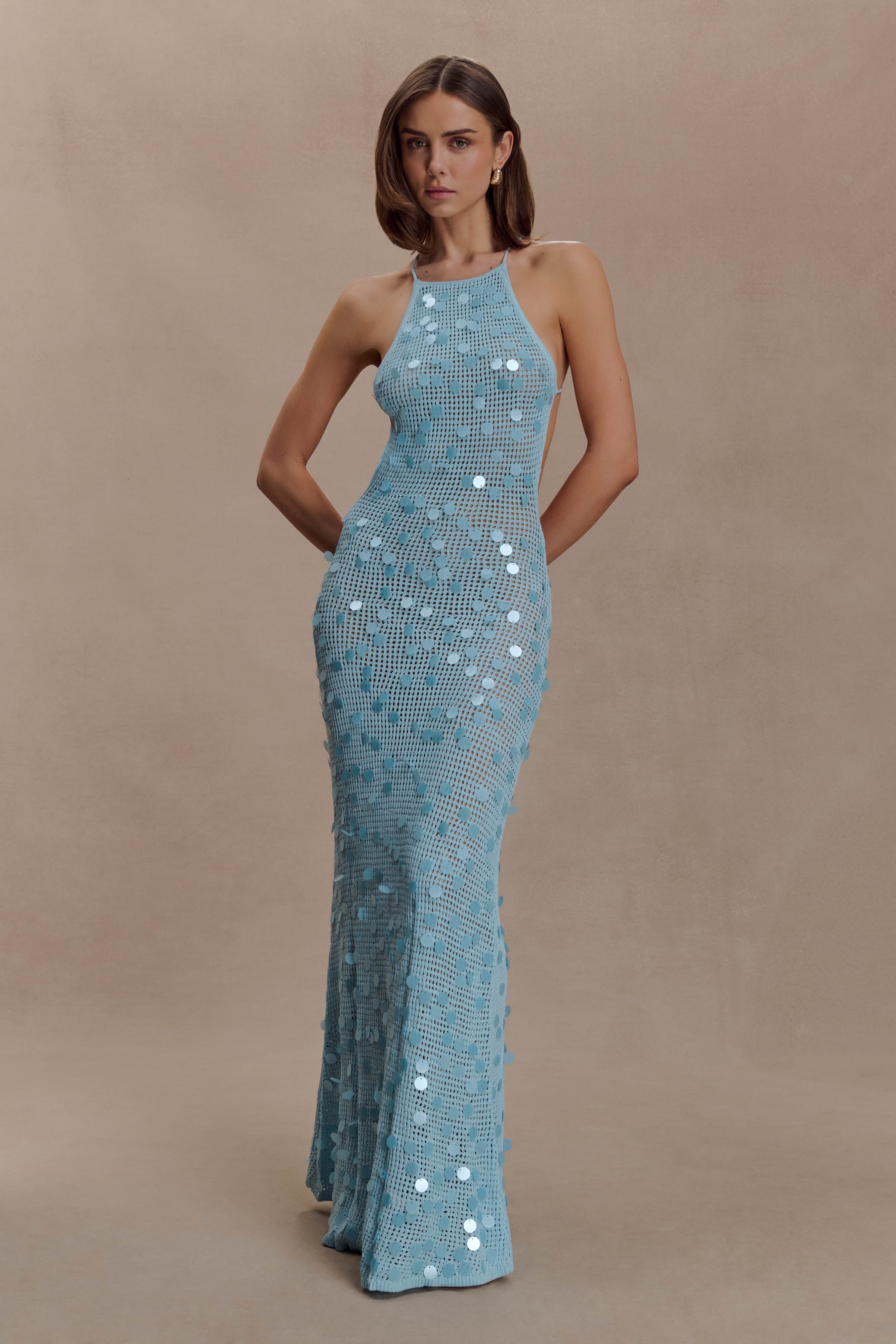 Carmen Crochet Sequin Maxi Open Back Dress