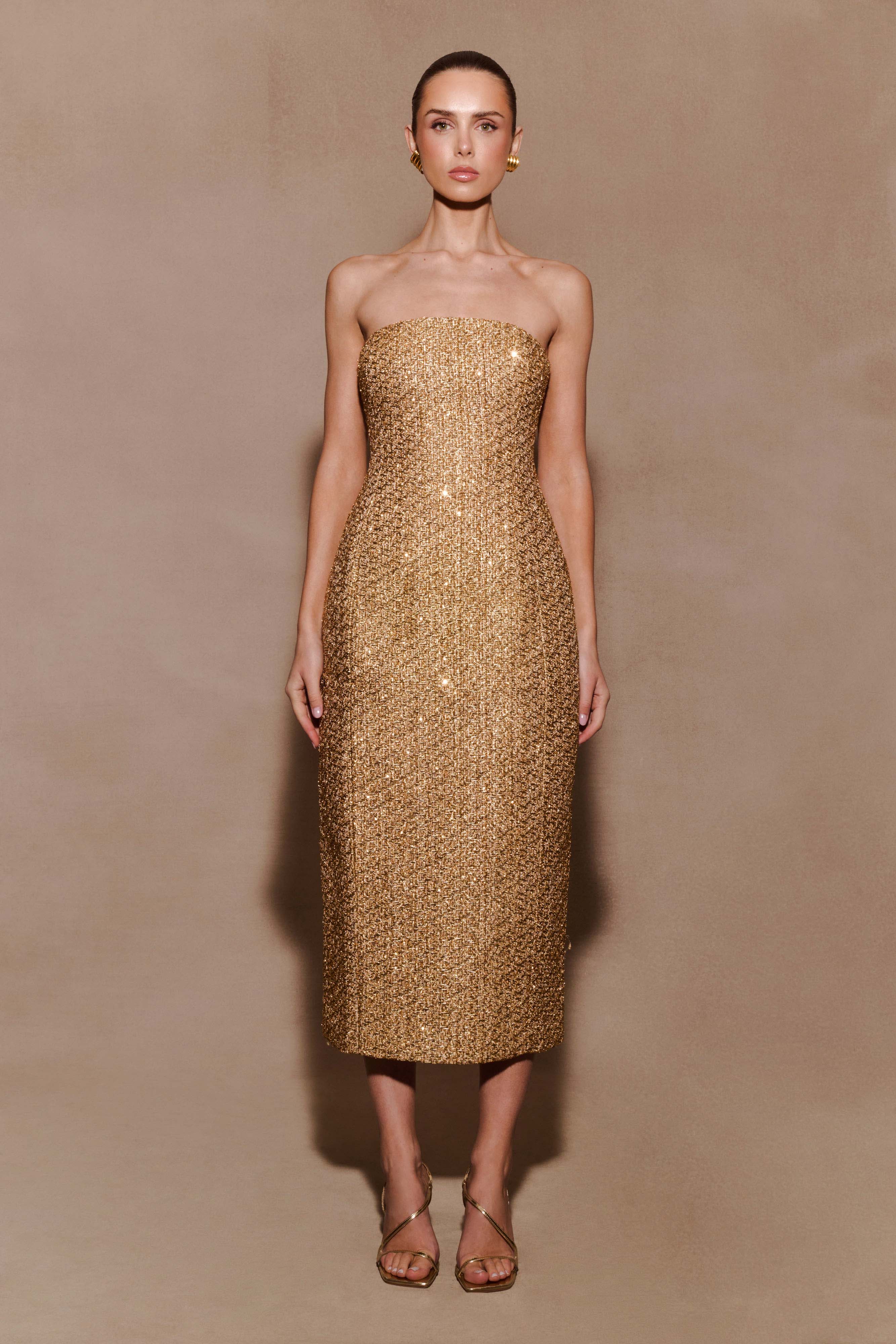 Gala Strapless Tweed Midi Dress
