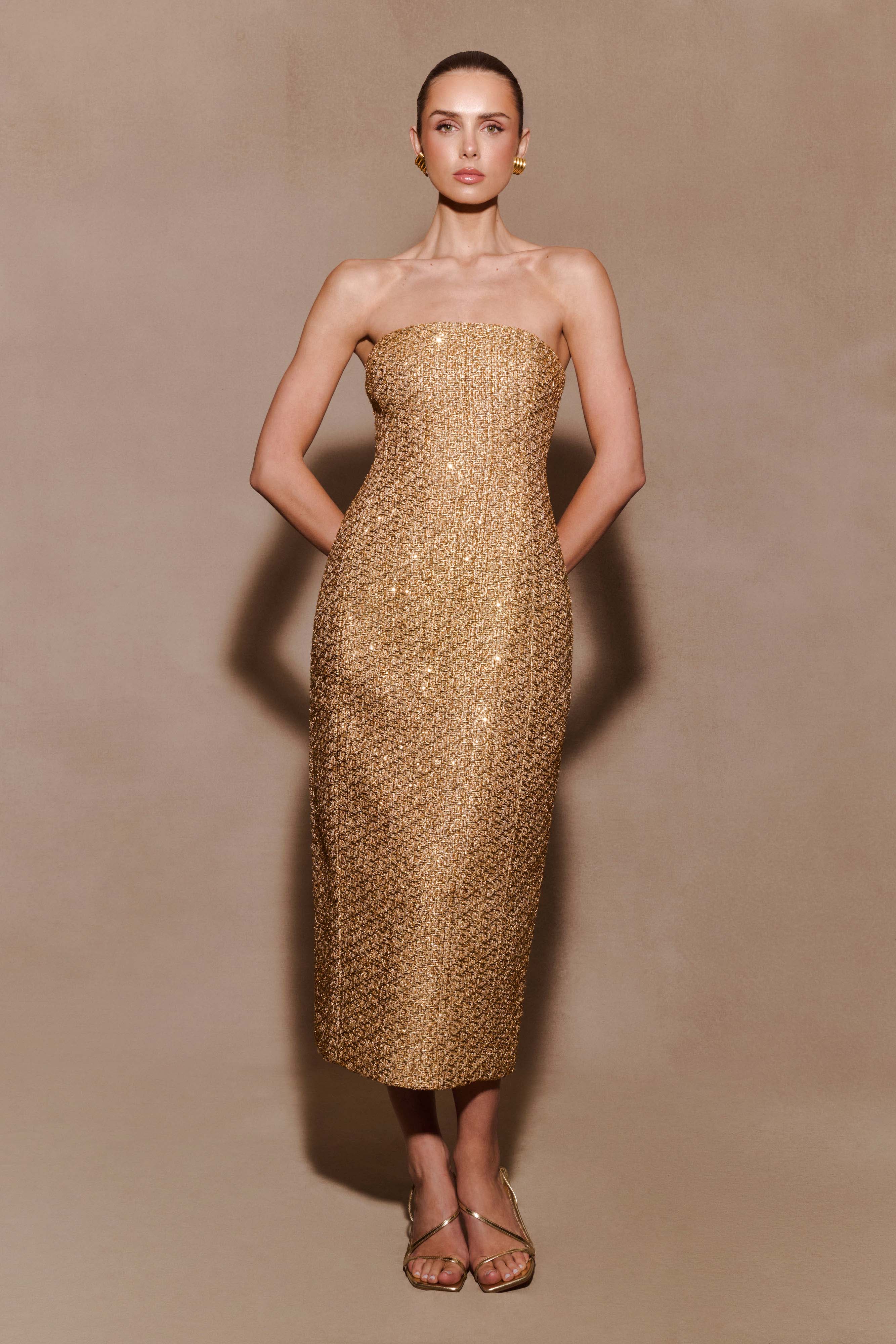 Gala Strapless Tweed Midi Dress