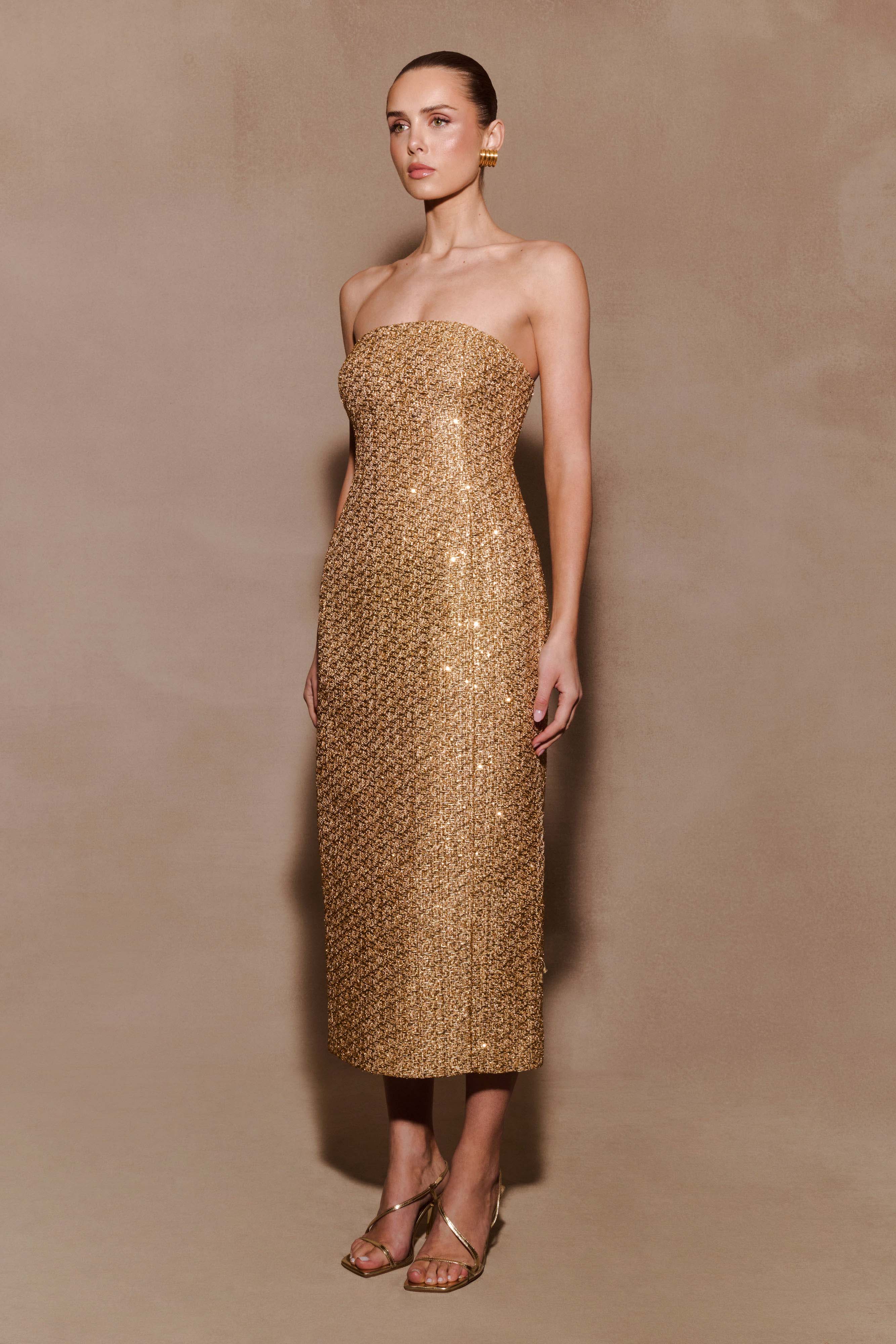 Gala Strapless Tweed Midi Dress