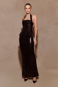 Bertie Sequin Peplum Halter Maxi Dress